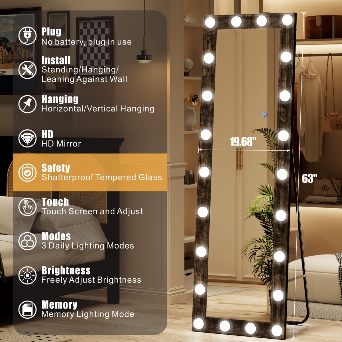 Mirror Full Length With Led Bulbs Lights