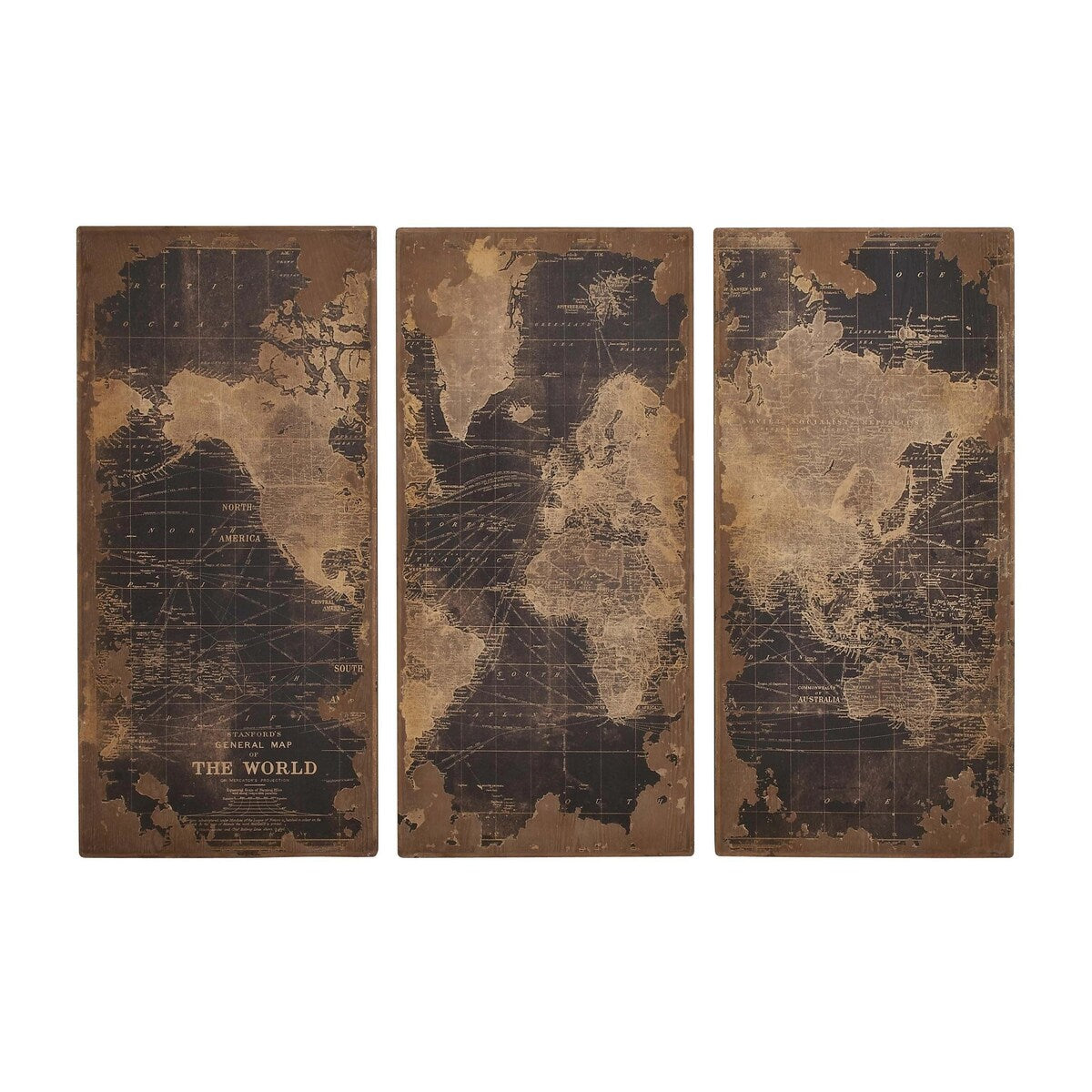 Wood World Map Panel Home Wall Decor with Brown Vintage Distressing - Set of 3 Black - Roche River Decor