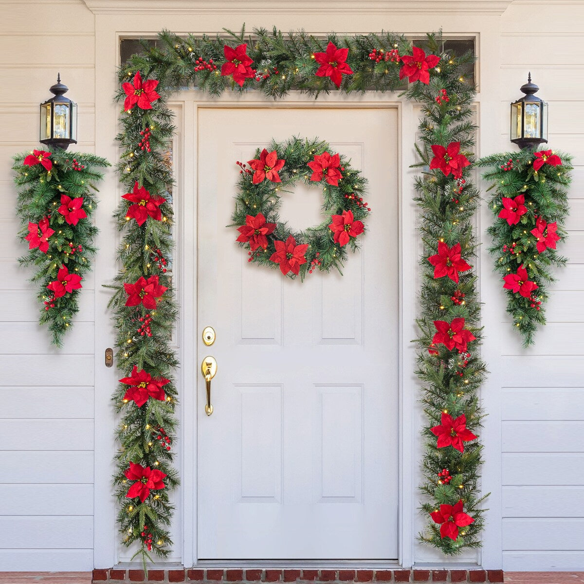 Glitzhome Set of 2 6ft Pre-Lit Flocked Greenery Pine White Poinsettia Christmas Garland