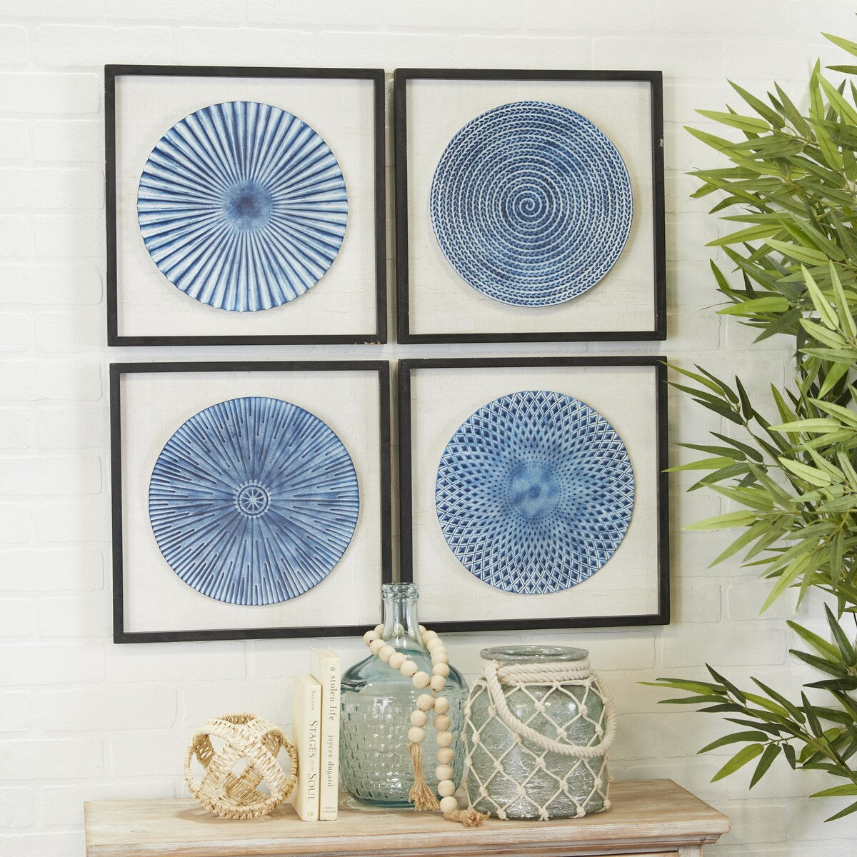 Wood Starburst Radial Plates Living Room Wall Decor with Black Frame - Set of 4 Blue - Roche River Decor