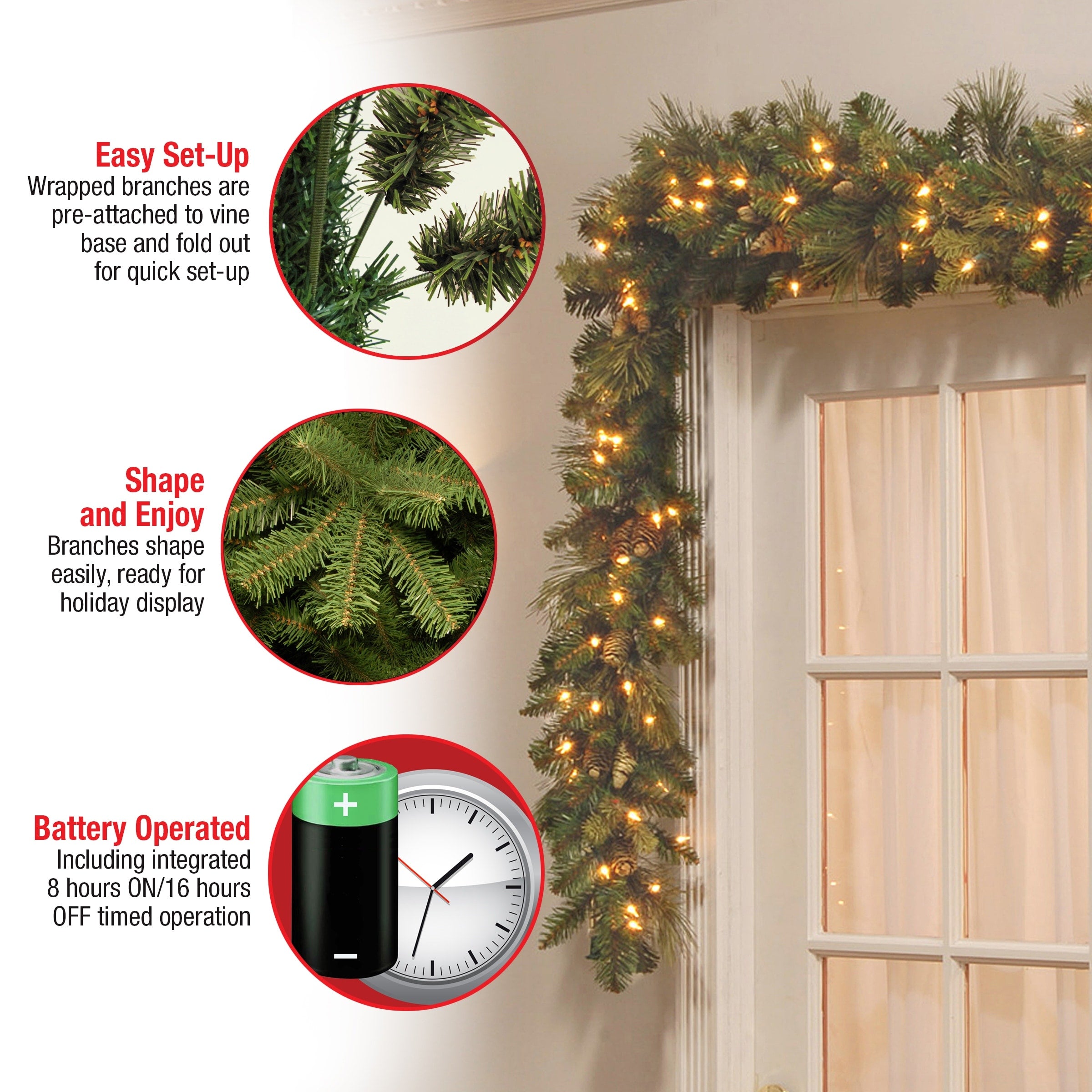 National Tree Company 9 ft. Carolina Pine Garland with Battery Operated LED Lights - 9 ft