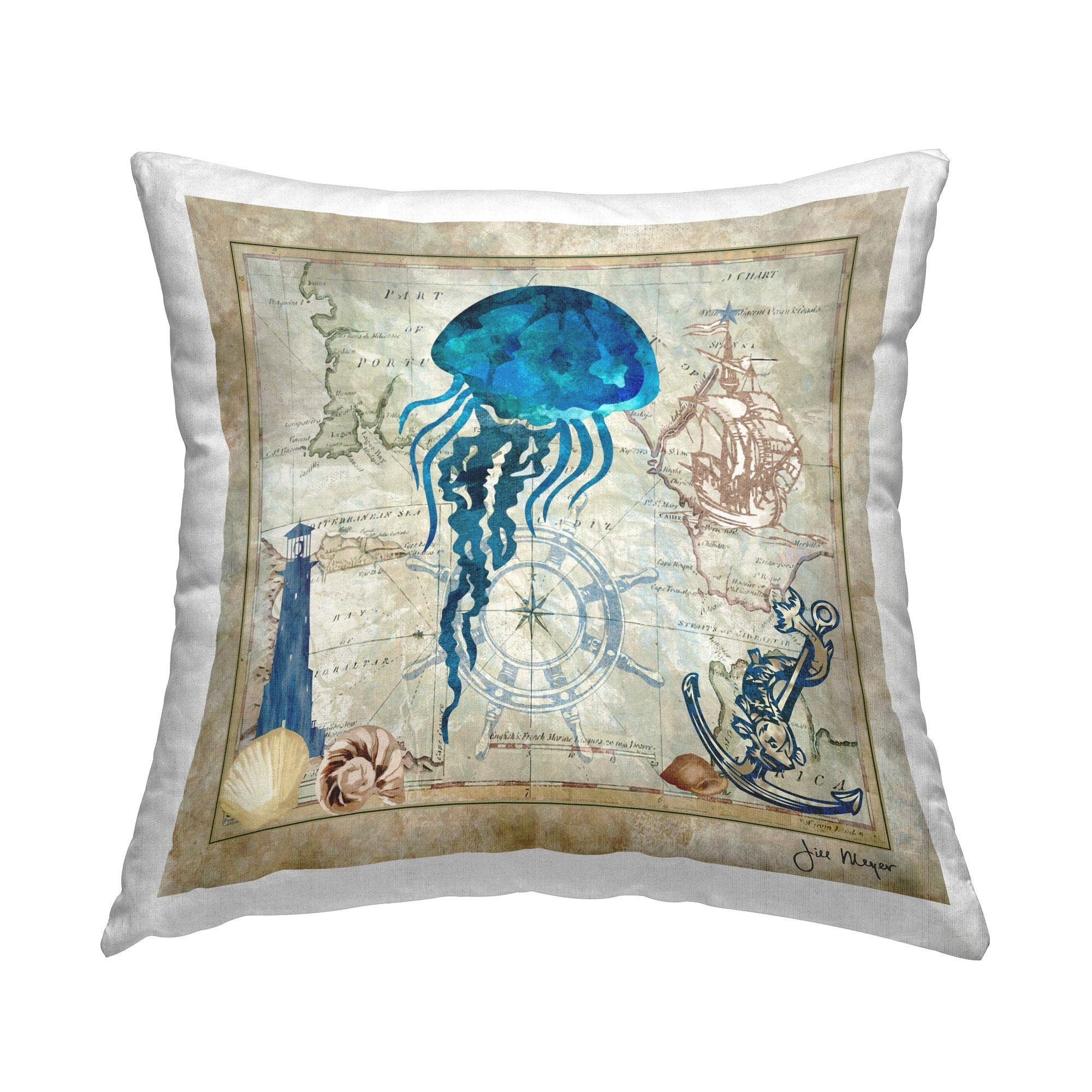 Stupell Jellyfish & Nautical Map Decorative Printed Throw Pillow Design by Jill Meyer