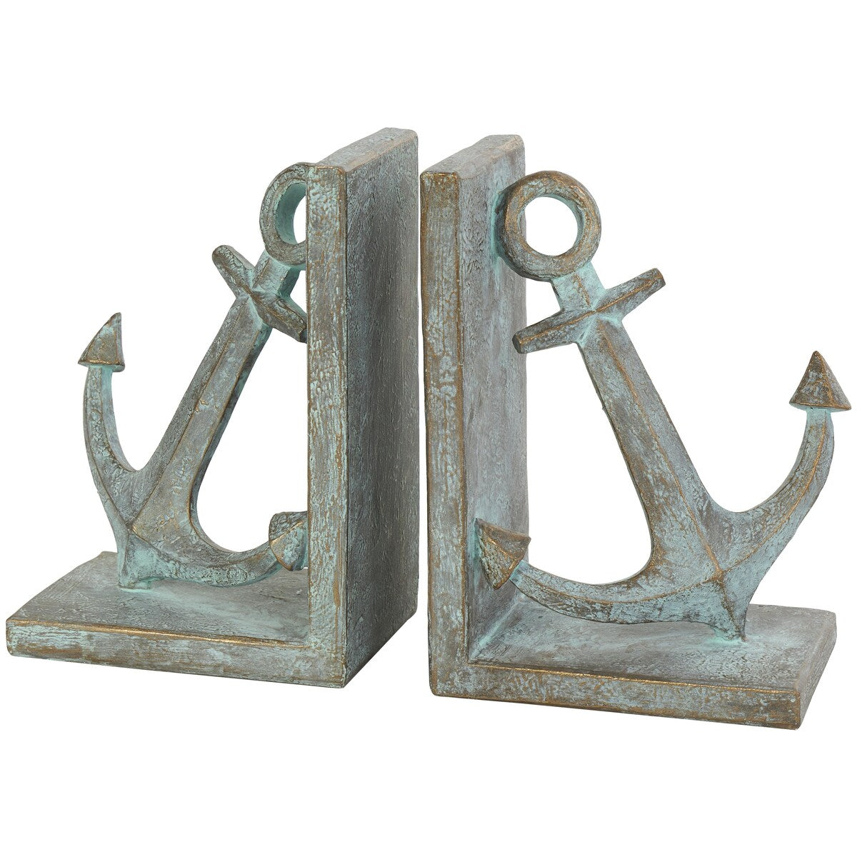 Polystone Anchor Distressed Patina Decorative Bookends with Gold Foil Accents - Set of 2 Blue - Roche River Decor