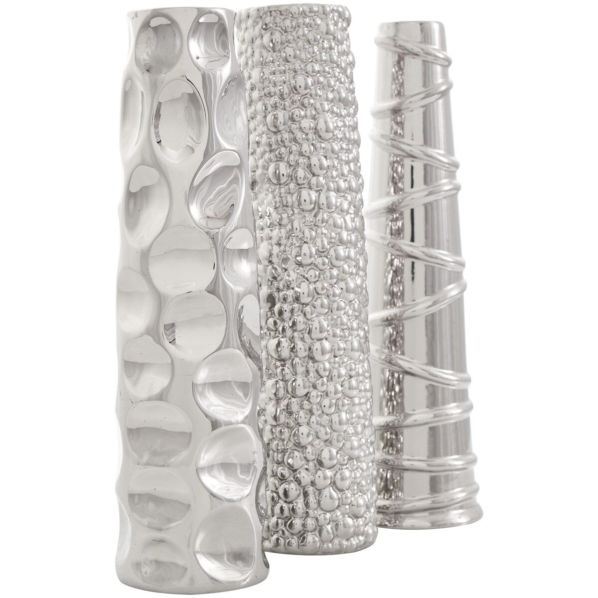 Ceramic Slim Cone Shaped Decorative Vase with Varying Textures - Set of 3 Silver - Roche River Decor