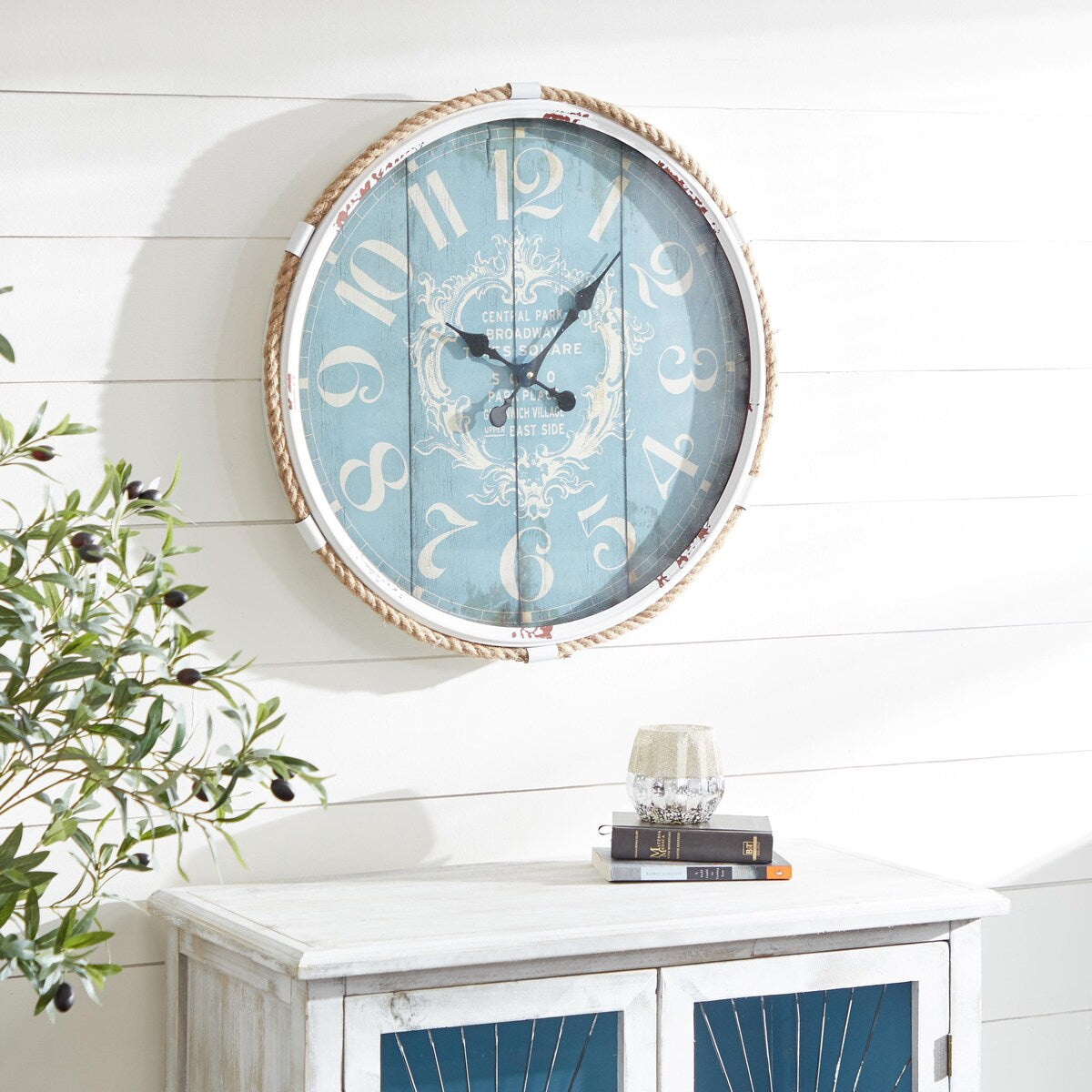 Metal Scroll Decorative Wall Clock with Distressed Frame and Rope Accent - Blue or White - Roche River Decor