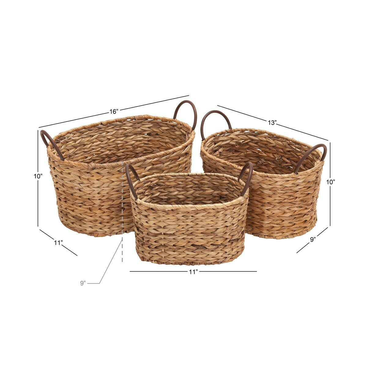 Metal Handmade Decorative and Functional Storage Basket with Metal Handles - Set of 3 Brown - Roche River Decor