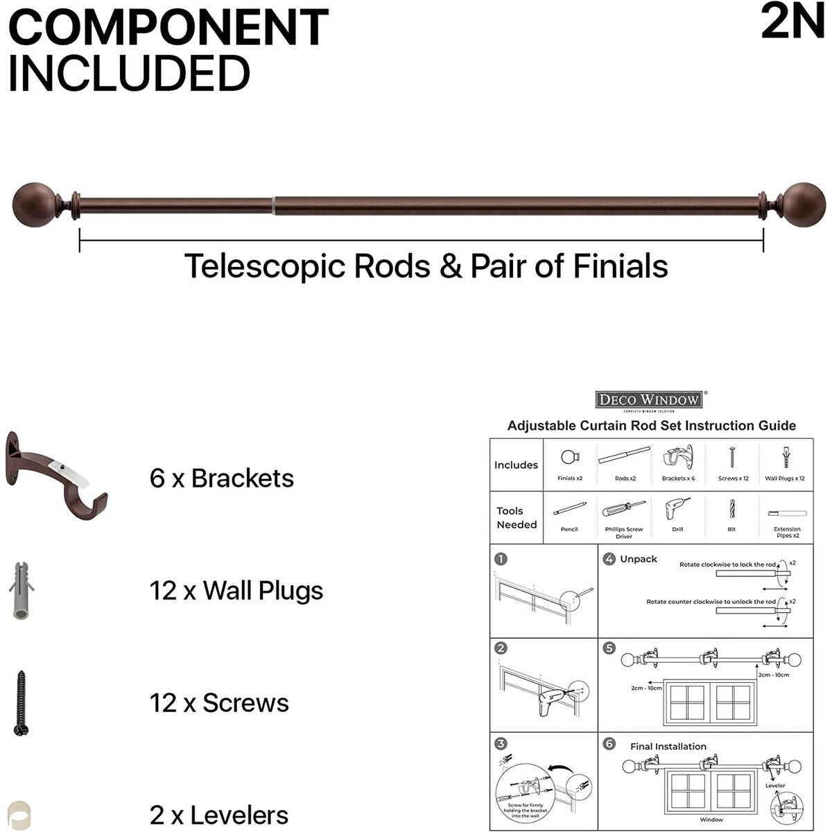 Deco window 1 Inch Adjustable Curtain Rod for Windows & Doors Curtains with Ball Finials & Brackets Set