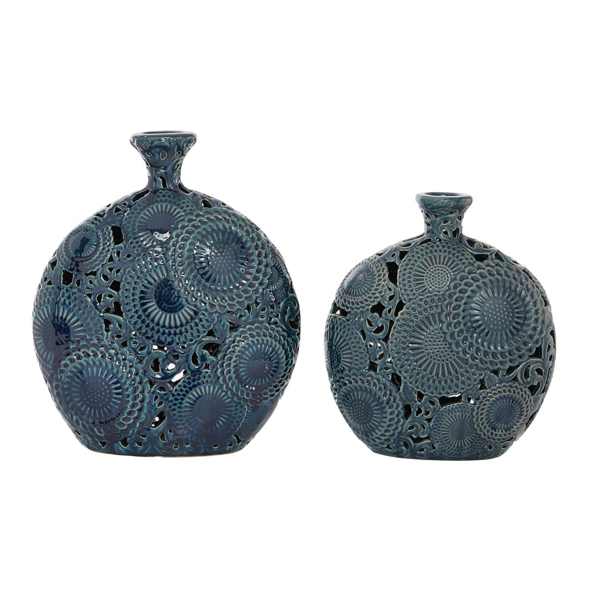 Ceramic Floral Decorative Vase with Cut Out Patterns - Set of 2 Blue - Roche River Decor