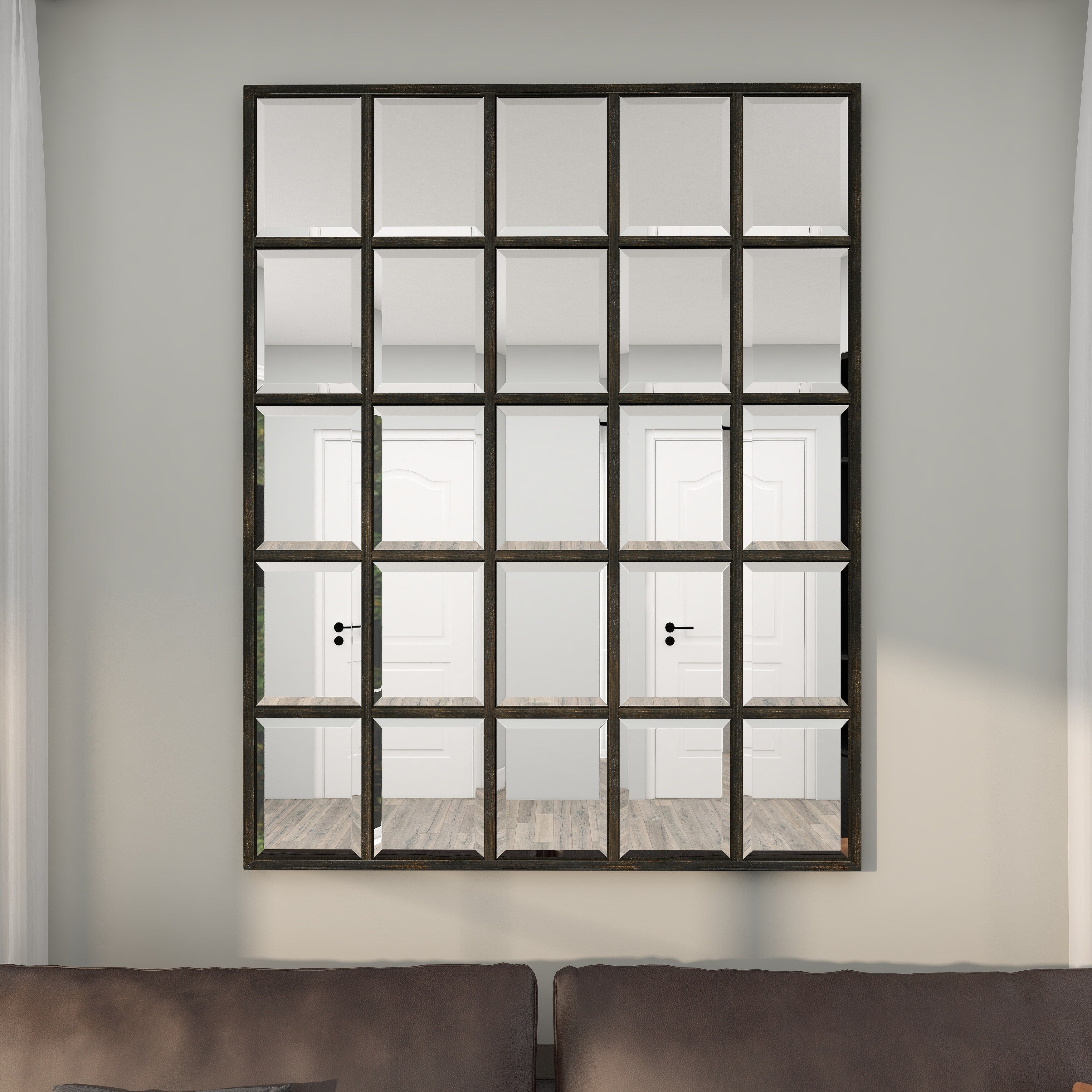 Metal Window Pane Inspired Grid Room Wall Mirror - Copper, Brown, Black - Roche River Decor