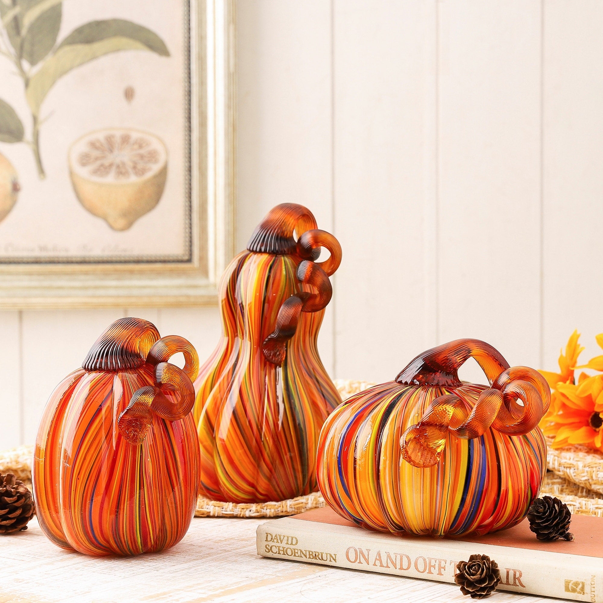 Glitzhome S/2 or S/3 Handblown Glass Pumpkins Thanksgiving Table Centerpiece Fall Harvest Gift Decor