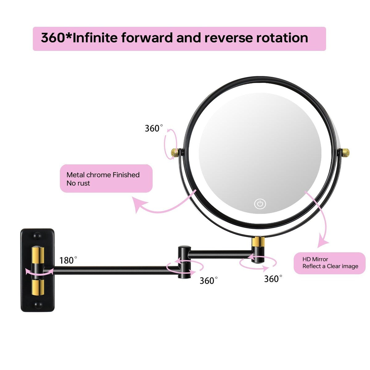 9 Makeup Mirror with Lights, 1x/10x Magnifying Mirror Extendable Arm, Wall Mirror with Ttpe-C Charging Cable - Black Gold