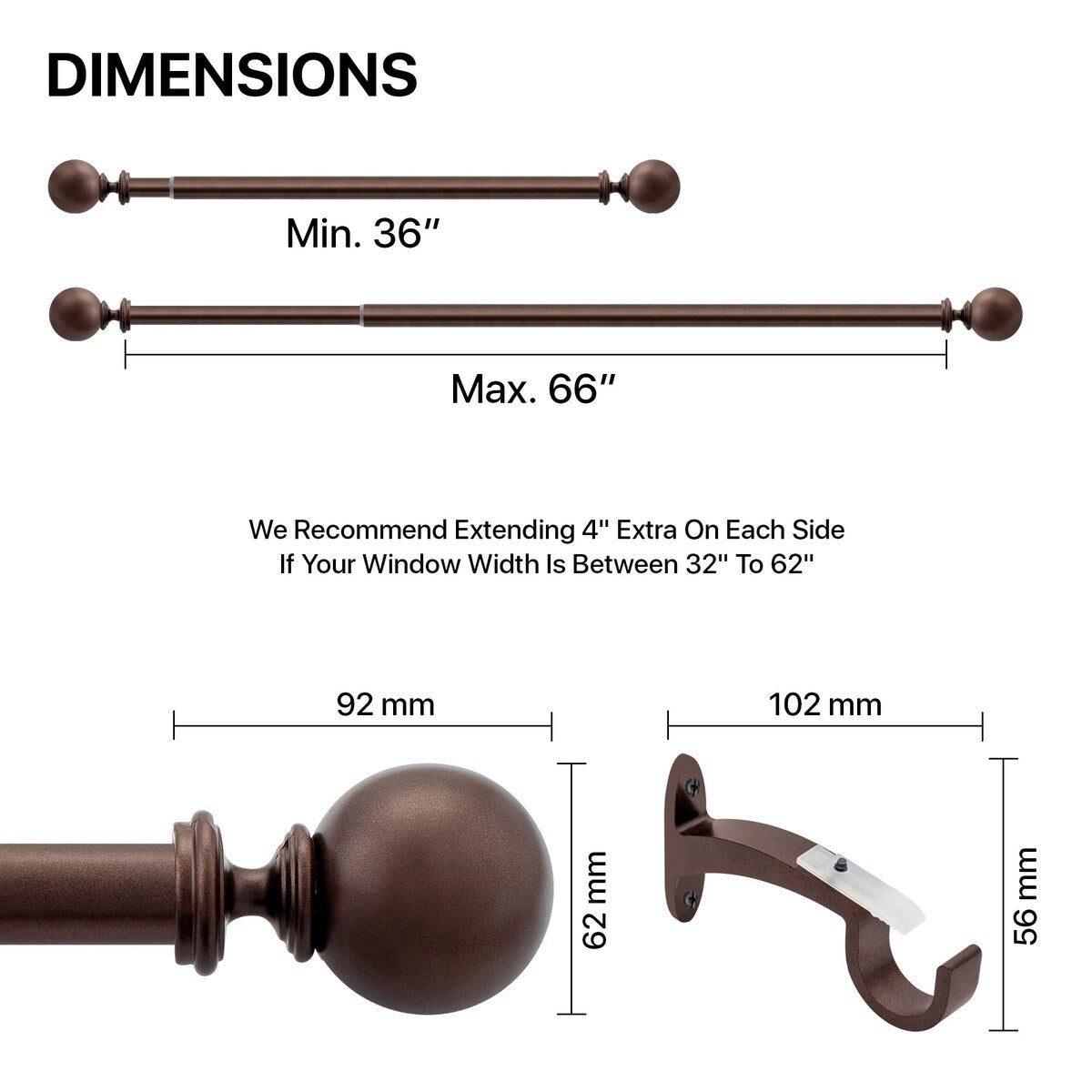 Deco window 1 Inch Adjustable Curtain Rod for Windows & Doors Curtains with Ball Finials & Brackets Set