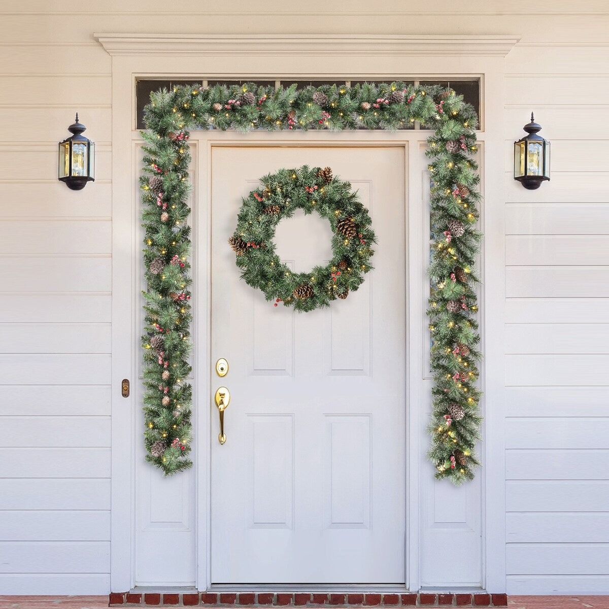 Glitzhome 2pk 6ft Pre-Lit Pinecones or Snow Flocked Christmas Garland, with Warm White LED Lights and Timer