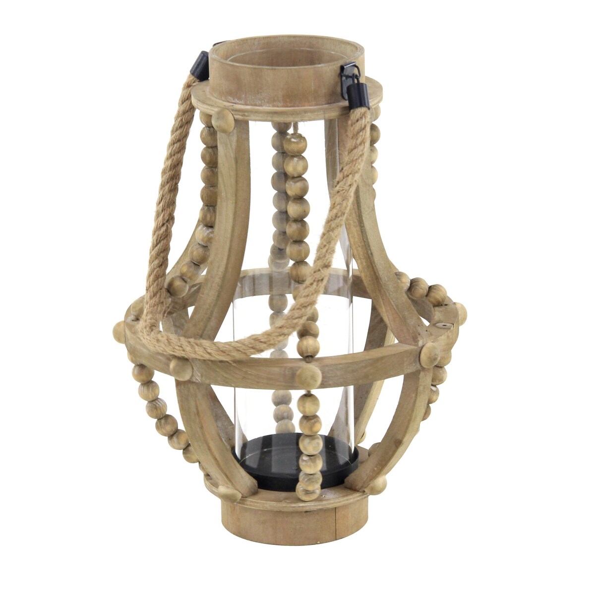 Reclaimed Wood Beaded Decorative Indoor Outdoor Candle Lantern - Beige - Roche River Decor