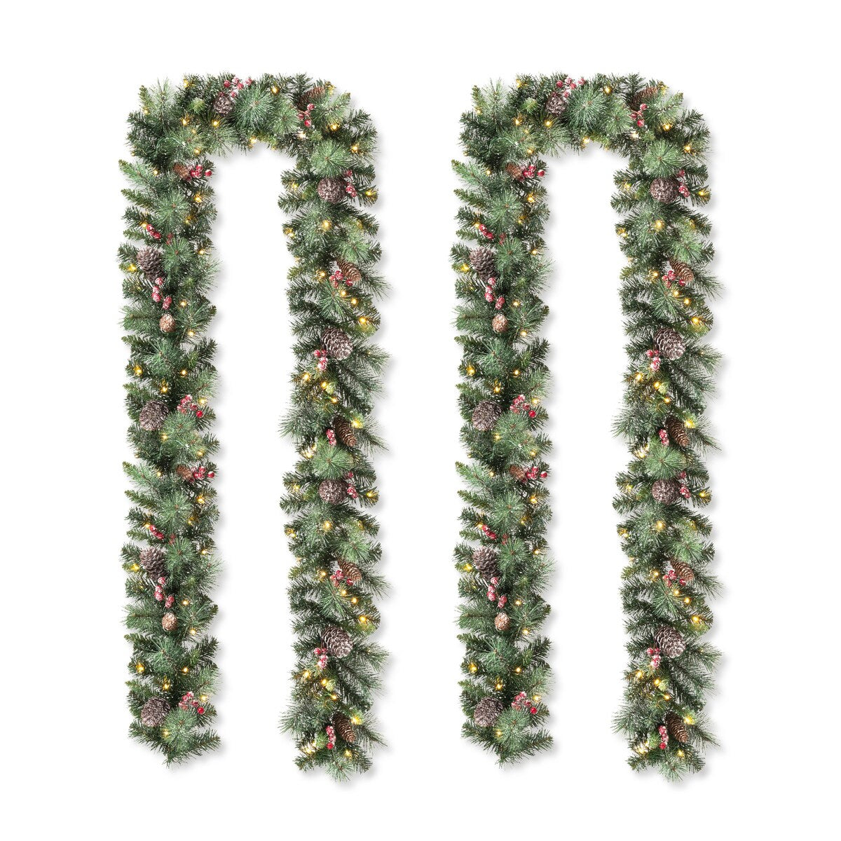 Glitzhome 2pk 6ft Pre-Lit Pinecones or Snow Flocked Christmas Garland, with Warm White LED Lights and Timer