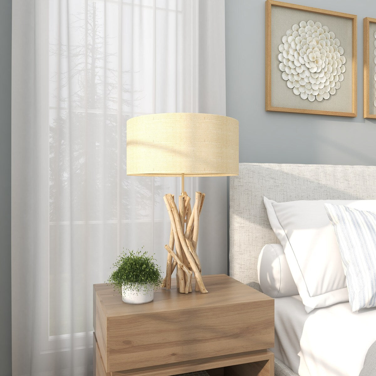 Driftwood Handmade Room Table Lamp with Cream Linen Shade - Light Brown - Roche River Decor