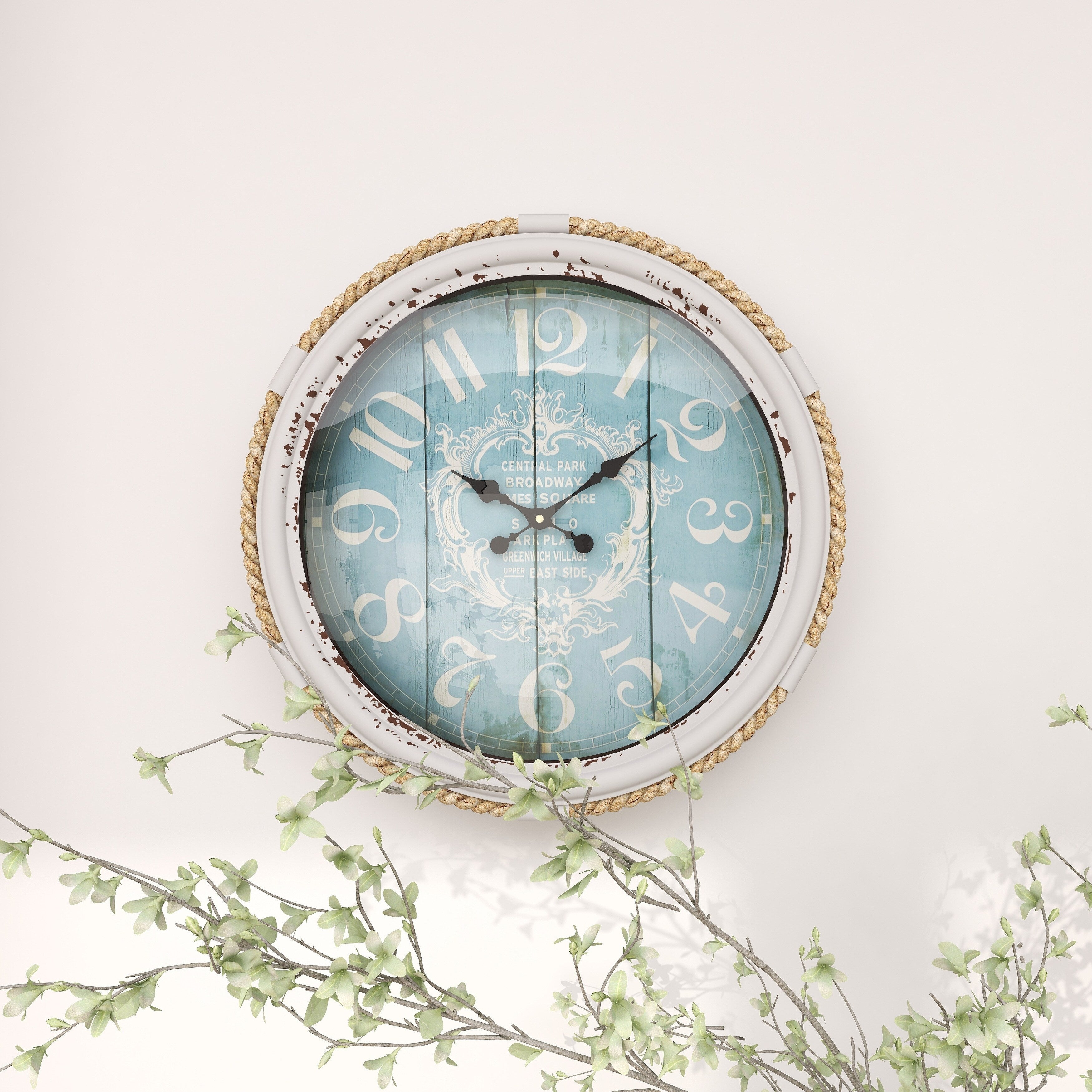 Metal Scroll Decorative Wall Clock with Distressed Frame and Rope Accent - Blue or White - Roche River Decor