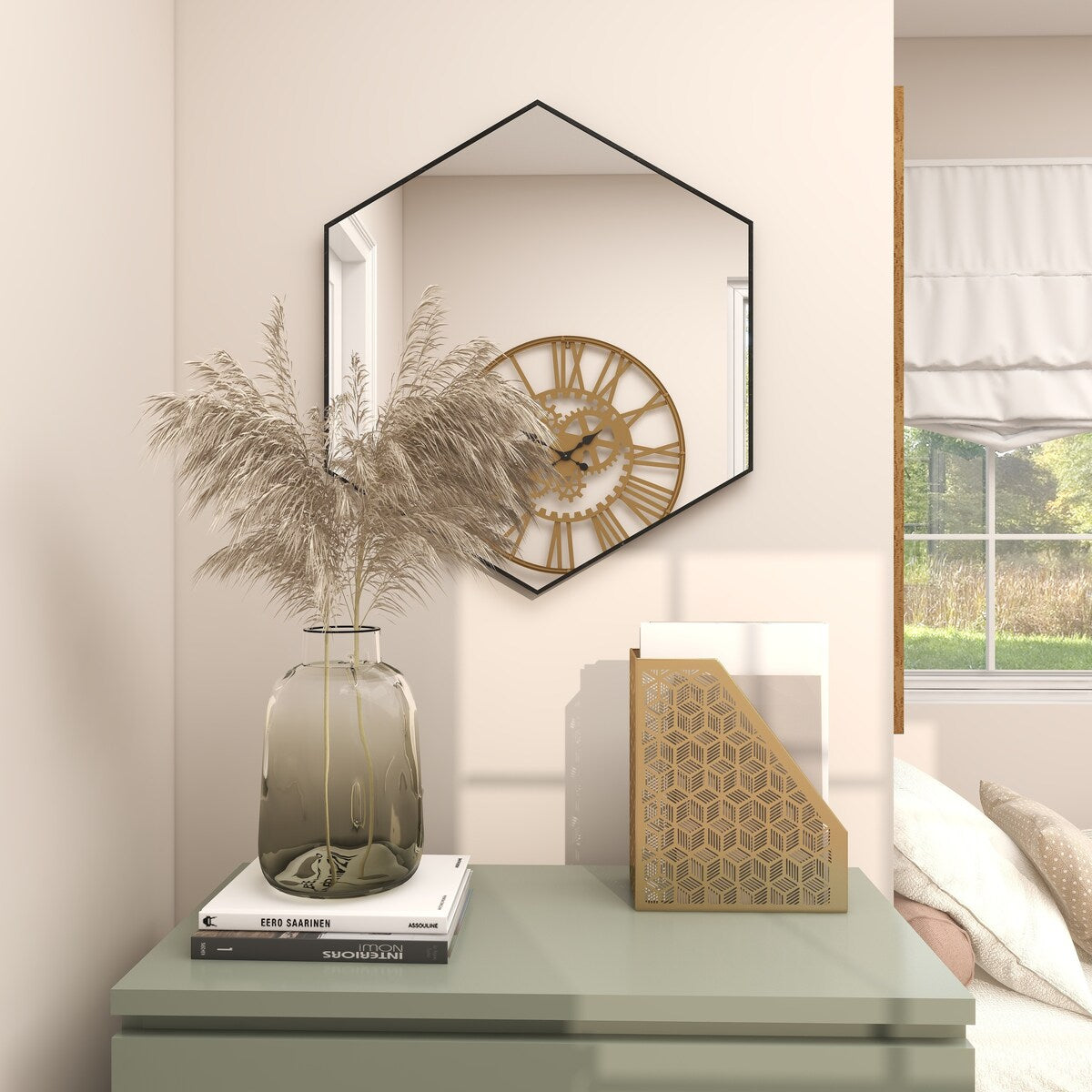 Wooden Hexagon Room Wall Mirror with Thin Minimalistic Frame - Black or Gold - CosmoLiving by Cosmopolitan