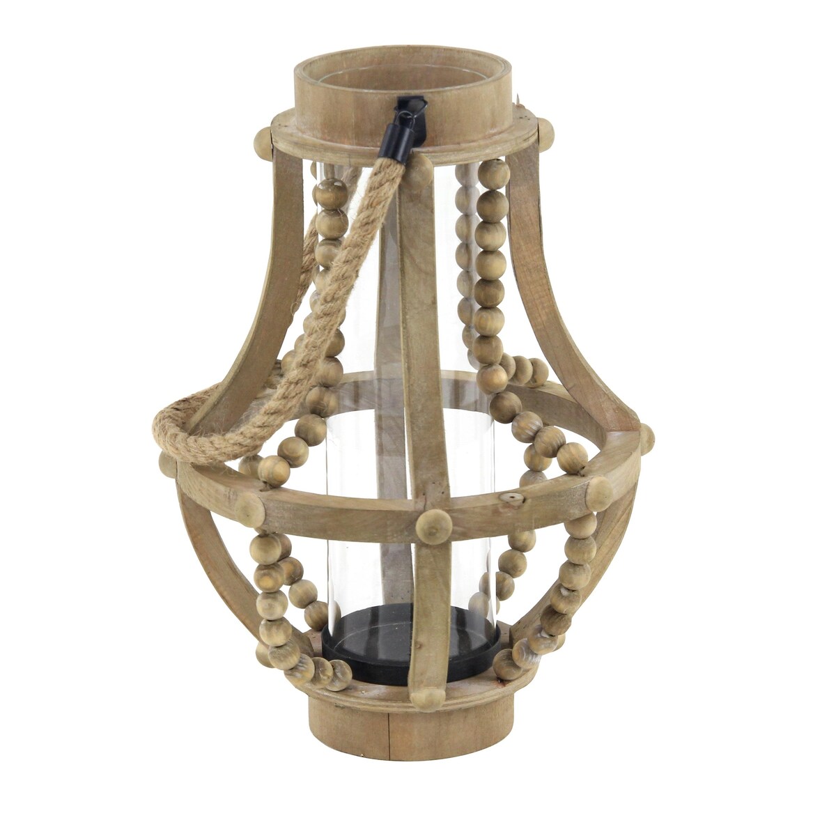 Reclaimed Wood Beaded Decorative Indoor Outdoor Candle Lantern - Beige - Roche River Decor