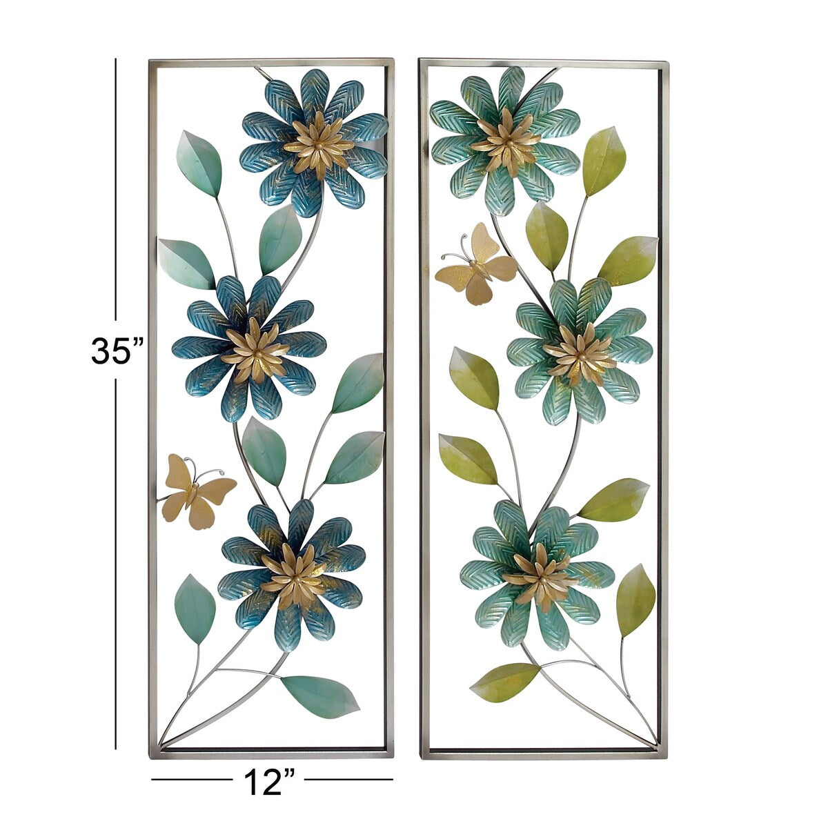 Metal Floral Home Wall Decor with Silver Frame - Set of 2 Green - Roche River Decor