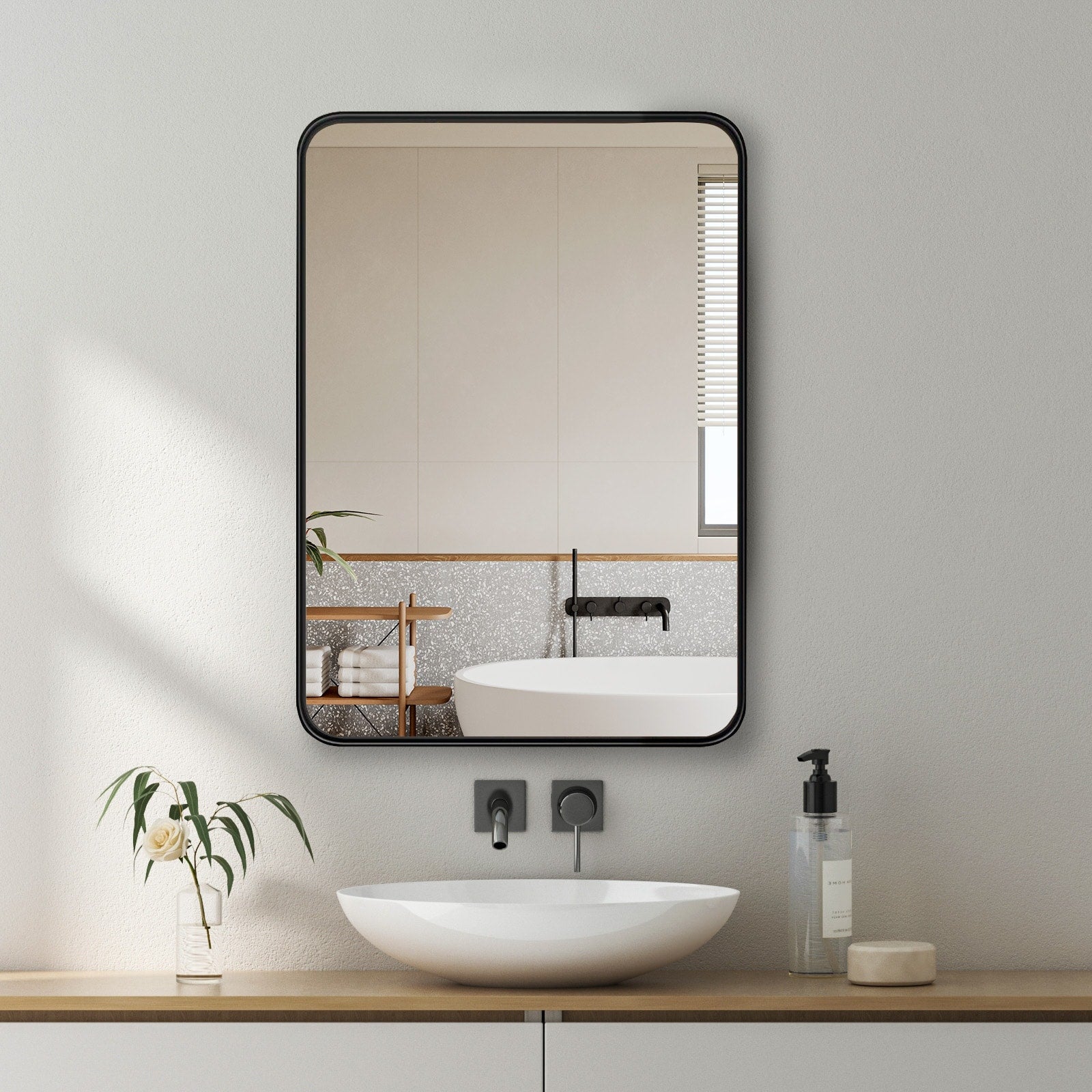 Black Aluminum Alloy Framed Vanity Rounded Rectangle Bathroom Mirrors for Over Sink Wall, Horizontally or Vertically Hanging