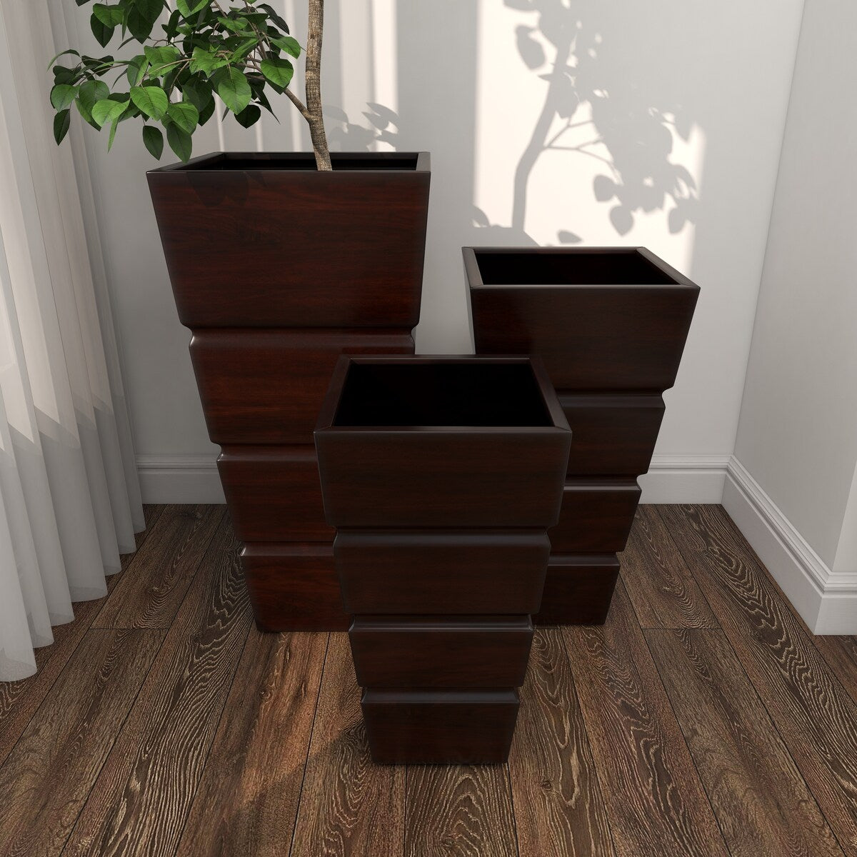 Metal Light Weight Indoor Outdoor Planter with Tapered Base and Fluted Design - Set of 3 Brown - Roche River Decor