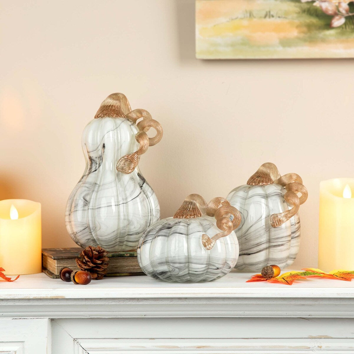 Glitzhome S/3 Fall Harvest Gray Marble Glass Pumpkin & Gourd Chinese Ink Wash Painting Style for Thanksgiving Decor