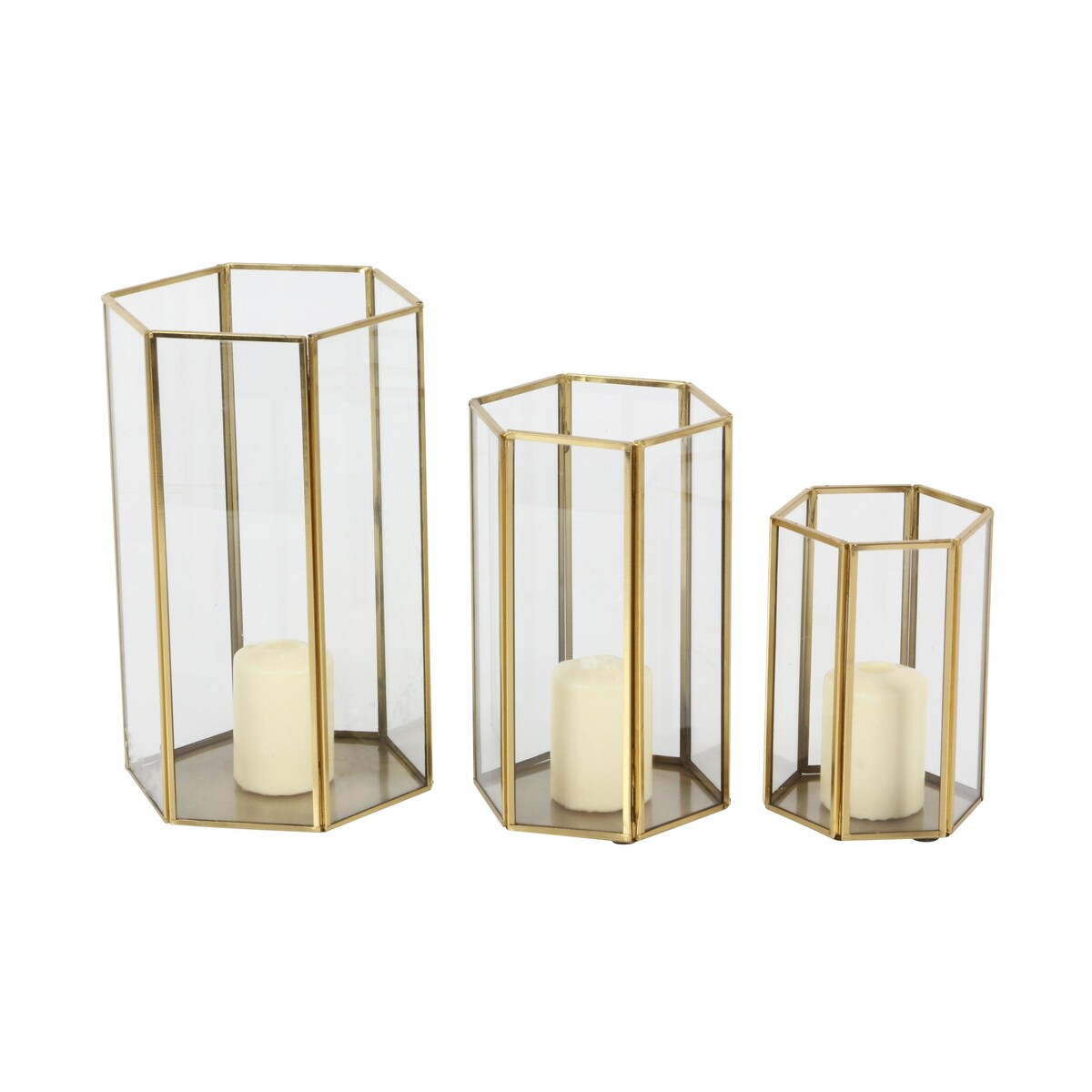 Glass Decorative Indoor Outdoor Candle Lantern with Metal Plate - Set of 3 Gold - CosmoLiving by Cosmopolitan