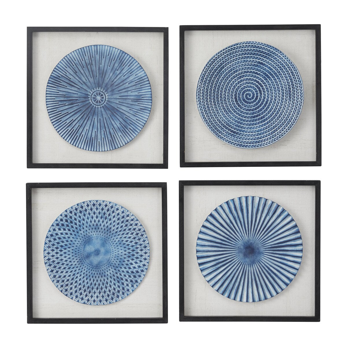 Wood Starburst Radial Plates Living Room Wall Decor with Black Frame - Set of 4 Blue - Roche River Decor