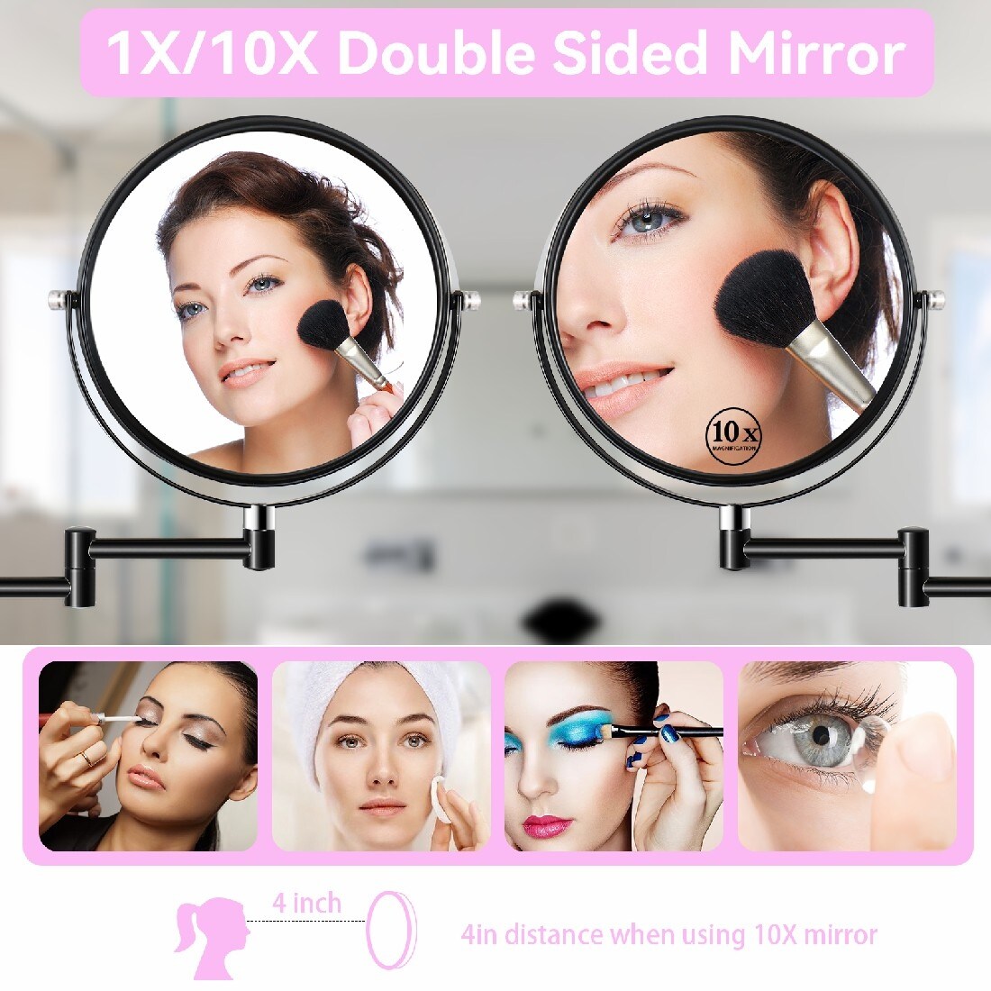 360° Swivel Wall Mounted Makeup Vanity Mirror with Extension Arm, 1X / 10X Magnification Mirror, 8-inch Makeup Mirror