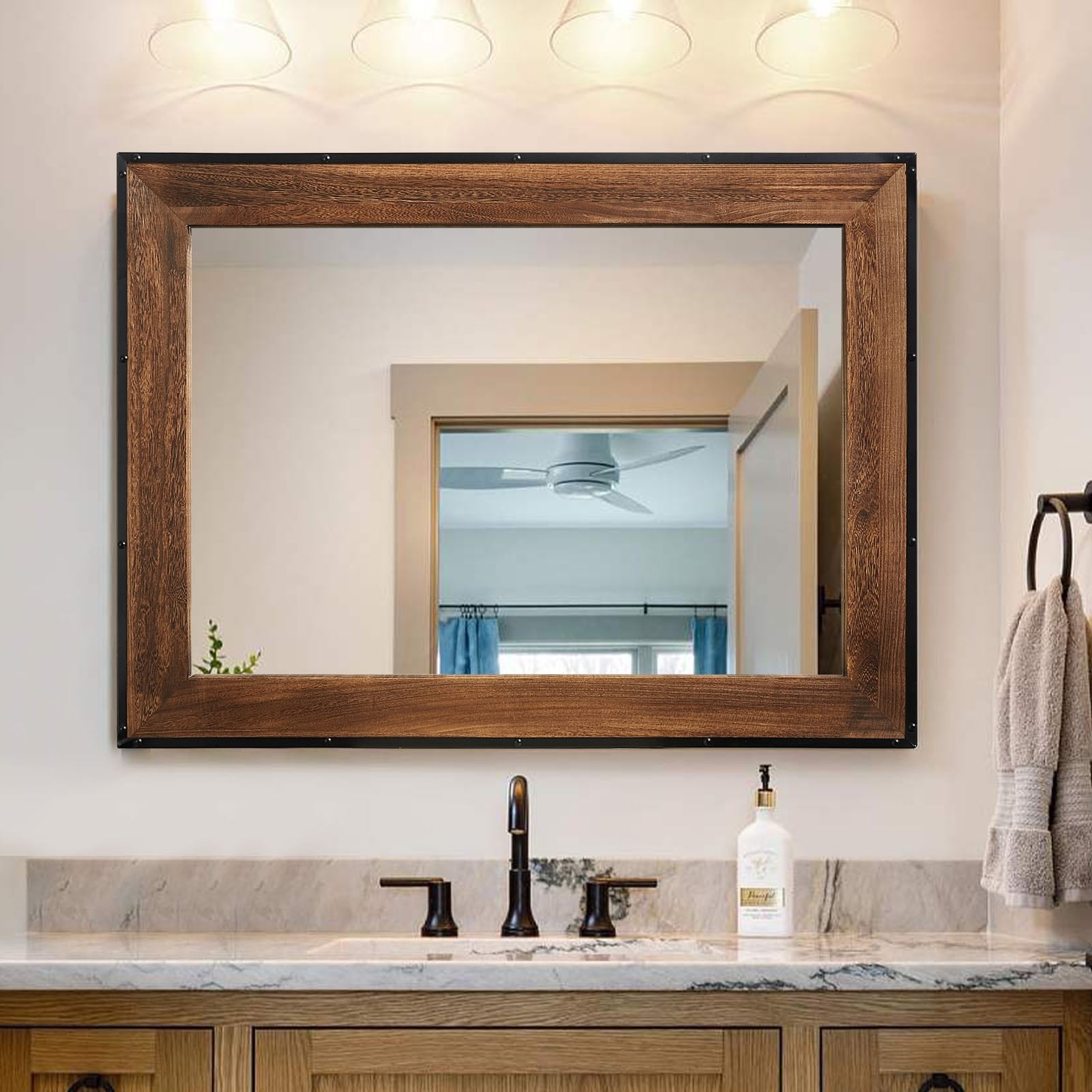 Rustic Natural Wood and Iron Framed Wall Vanity Mirror