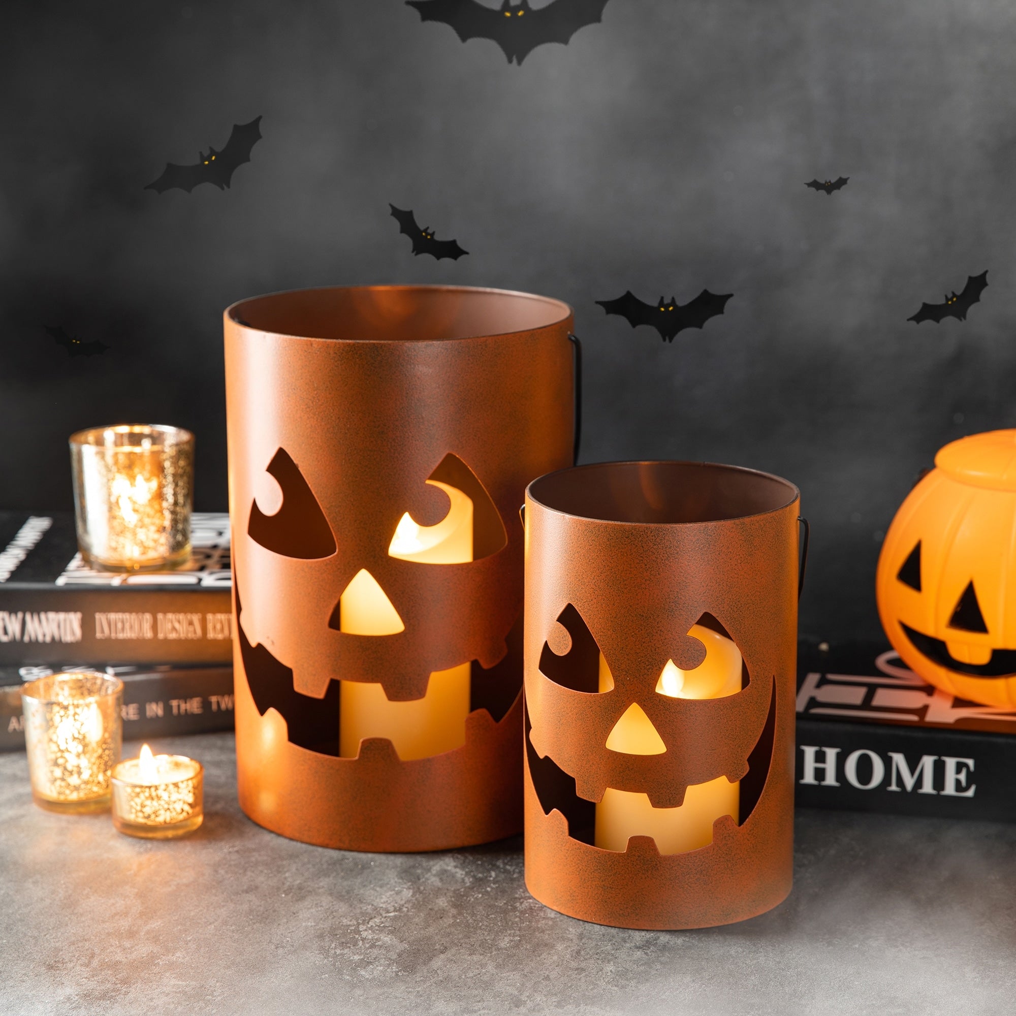 Glitzhome Set of 2 Halloween Metal Bucket Lanterns