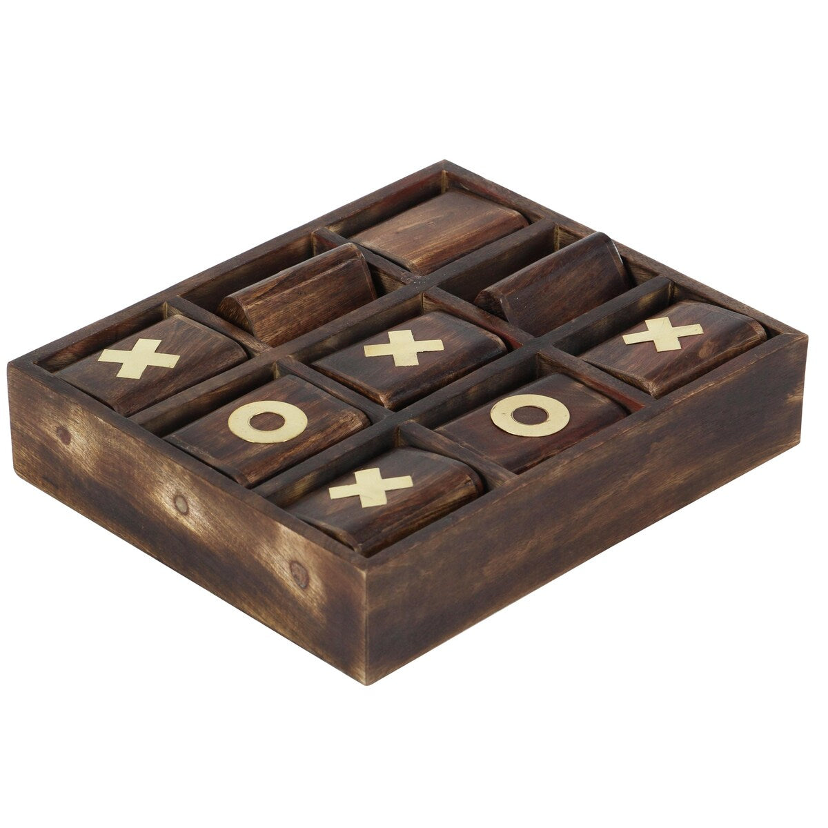 Mango Wood Tic Tac Toe Game Set with Gold Inlay - Dark Brown - Roche River Decor