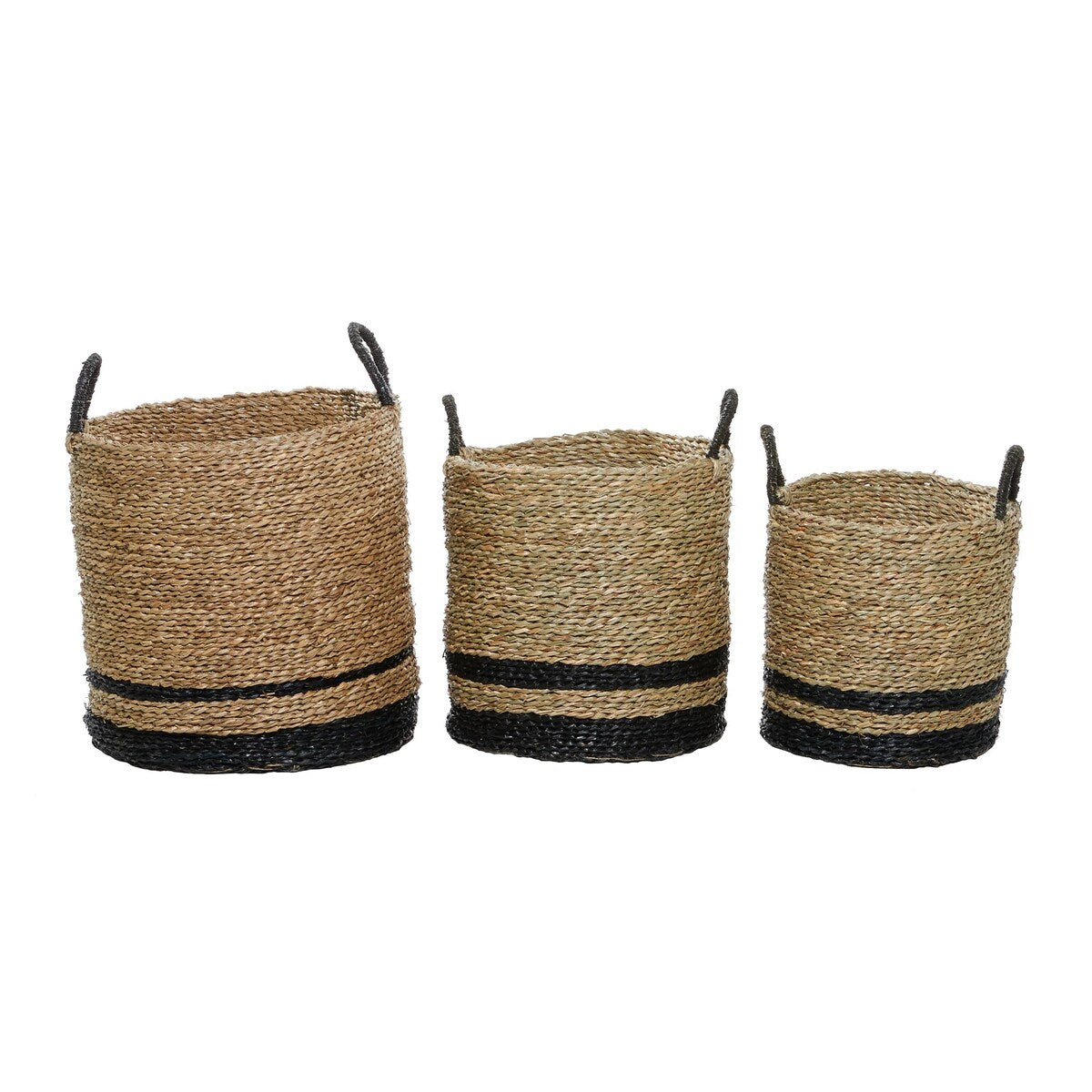 Seagrass Handmade Two-Toned Brown Decorative and Functional Storage Basket with Handles - Set of 3 Black - Roche River Decor