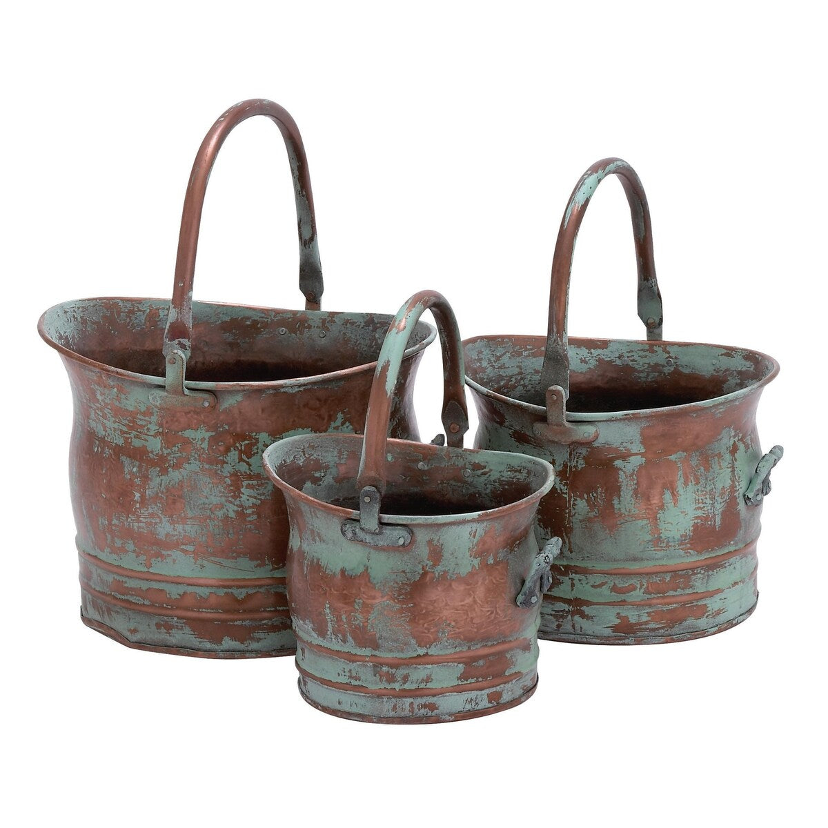 Metal Patina Tulip Style Bucket Indoor Outdoor Planter with Stationary Handles - Set of 3 Copper - Roche River Decor