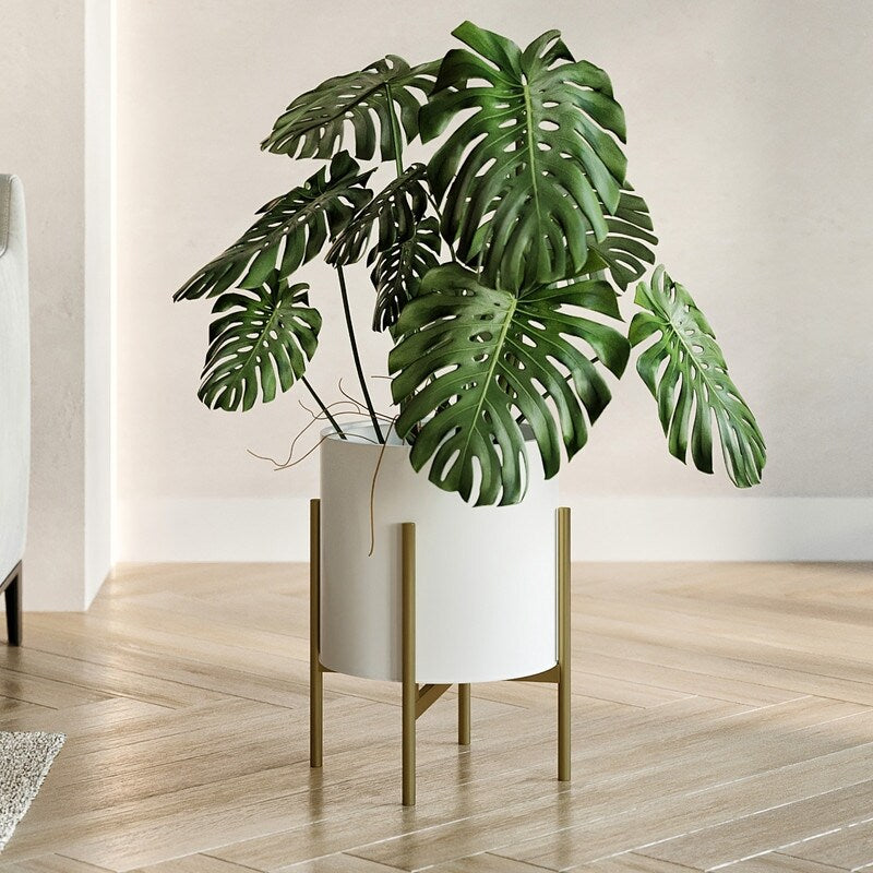 Raya White Mid-Century Modern Planter with 4-Leg Metal Base