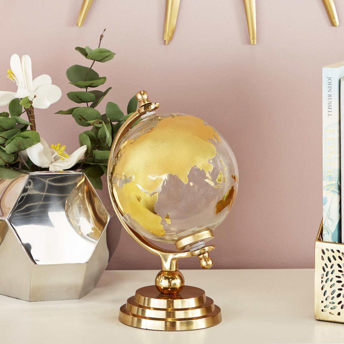 Aluminum Metal Globe with Tiered Base - Copper, Gold or Silver - Roche River Decor