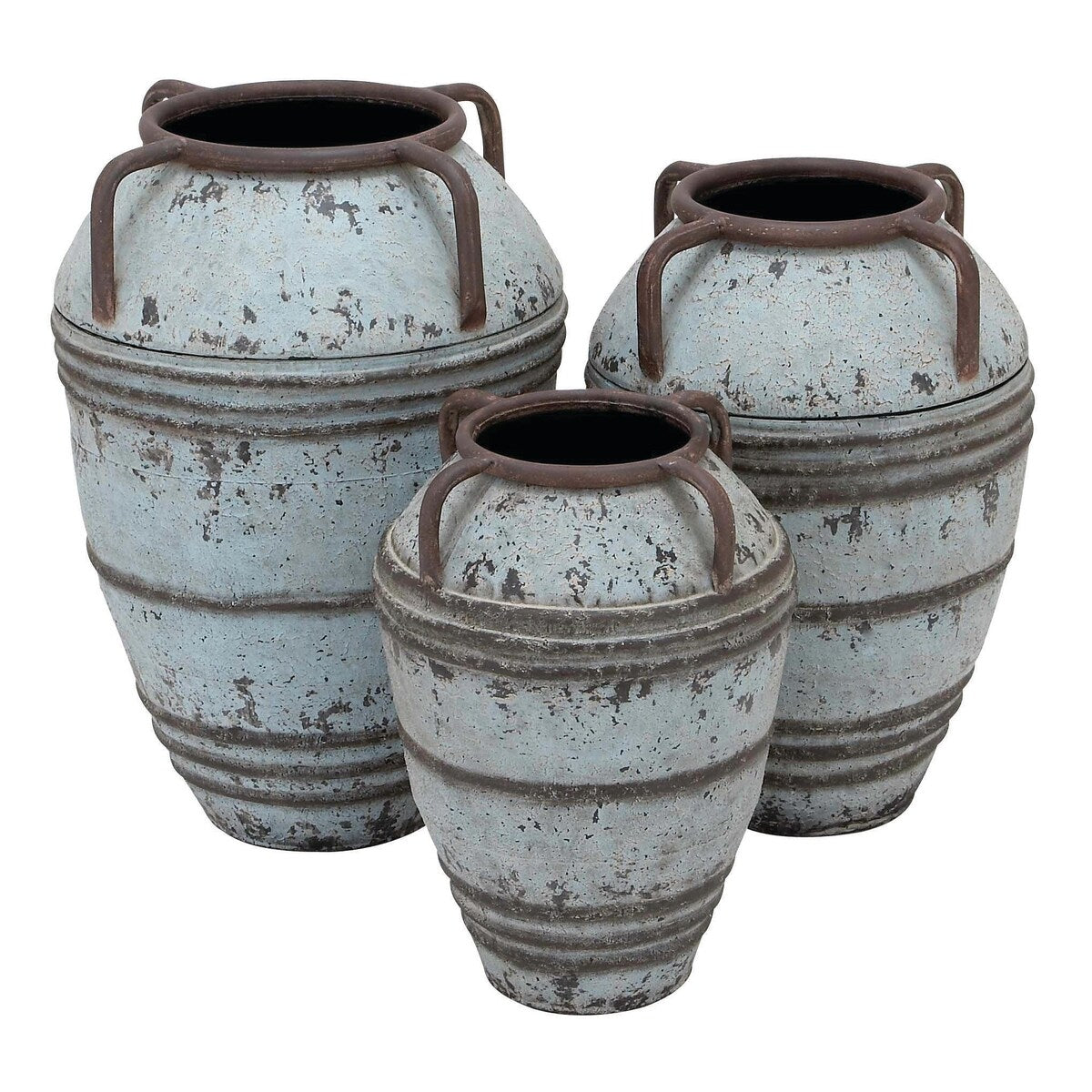 Metal Distressed Decorative Vase with Handles - Set of 3 Blue - Roche River Decor