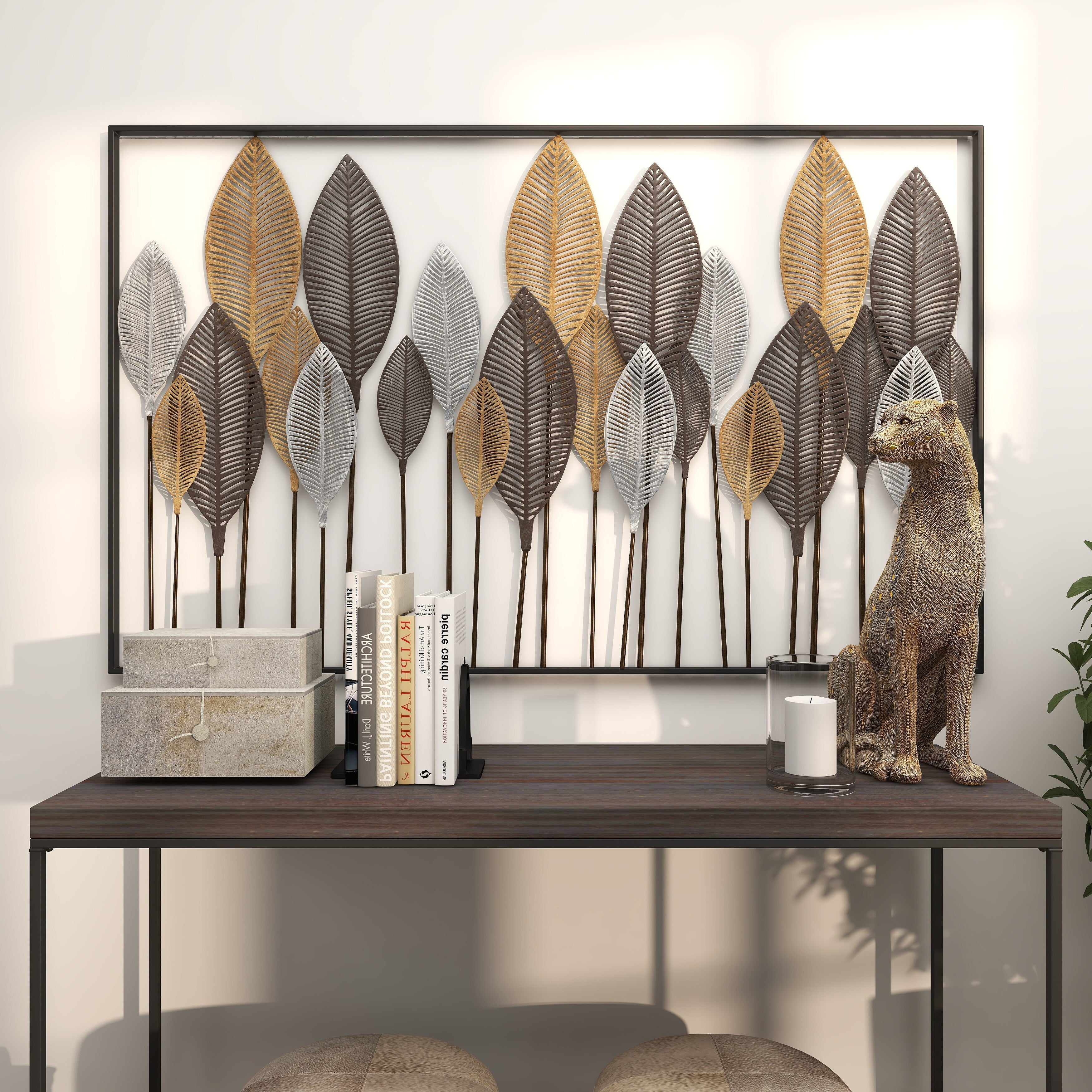 Metal Leaf Tall Cut-Out Home Wall Decor with Intricate Laser Cut Designs - Gray or Bronze - Roche River Decor