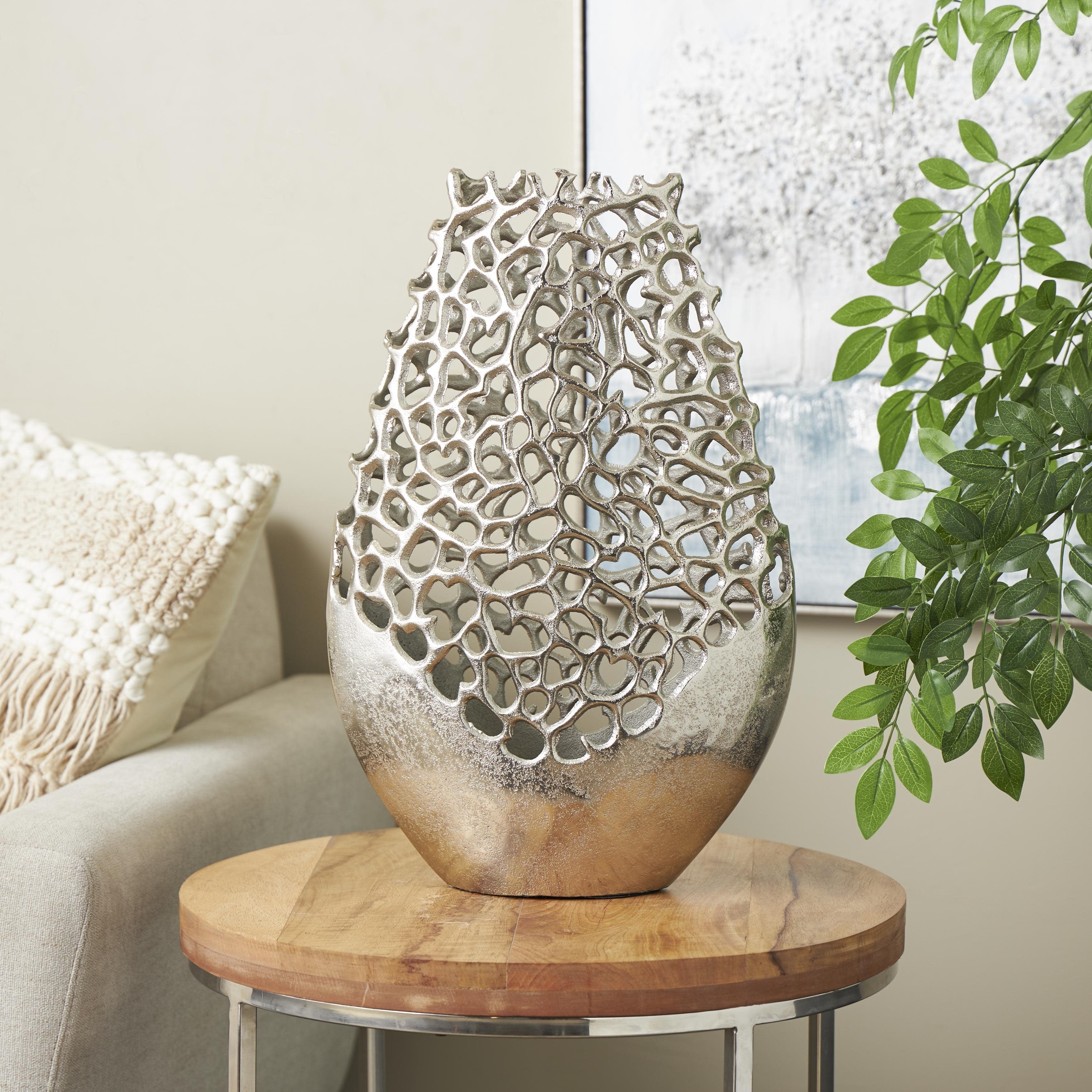 Aluminum Metal Rounded Decorative Vase with Freeform Open Lattice Work - Silver or Gold - Roche River Decor