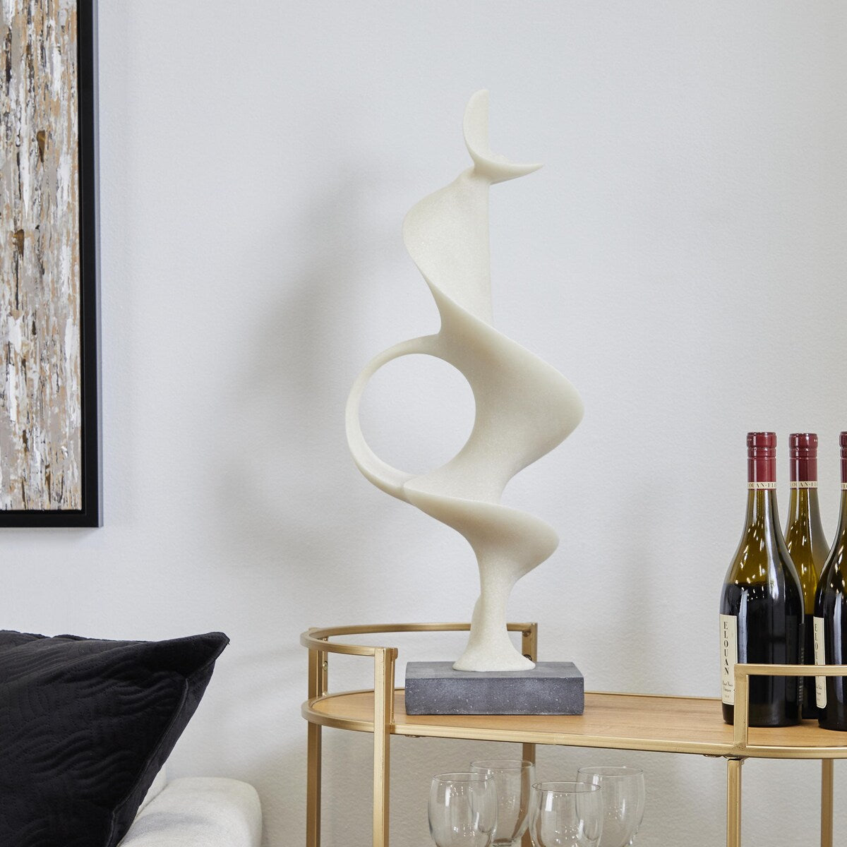 Polystone Abstract Decorative Sculpture with Black Base - White - Roche River Decor