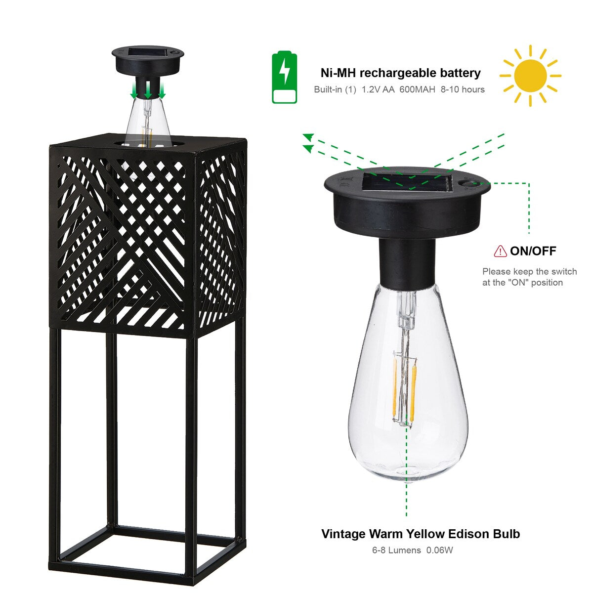 Glitzhome 24H Set of 2 Outdoor Geometric Black Metal Solar Standing Lantern with Bulb