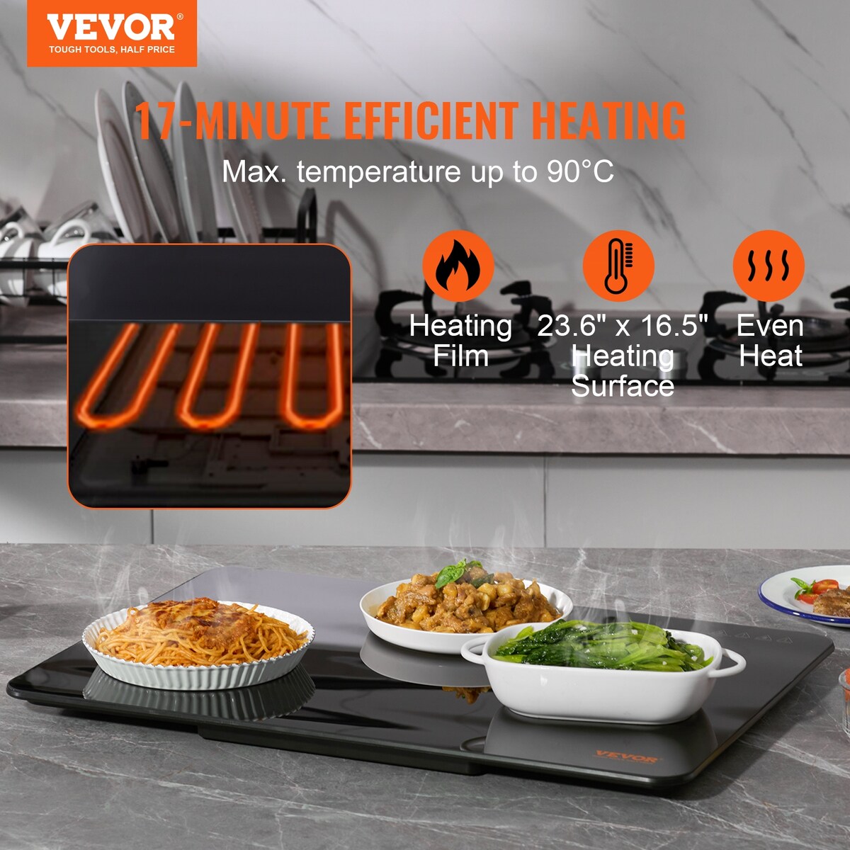 VEVOR 16.5x11 16.5x23.6 18.9x10.2 Inch Electric Tray 35-100℃ Temp Control Dinner Catering Parties Black