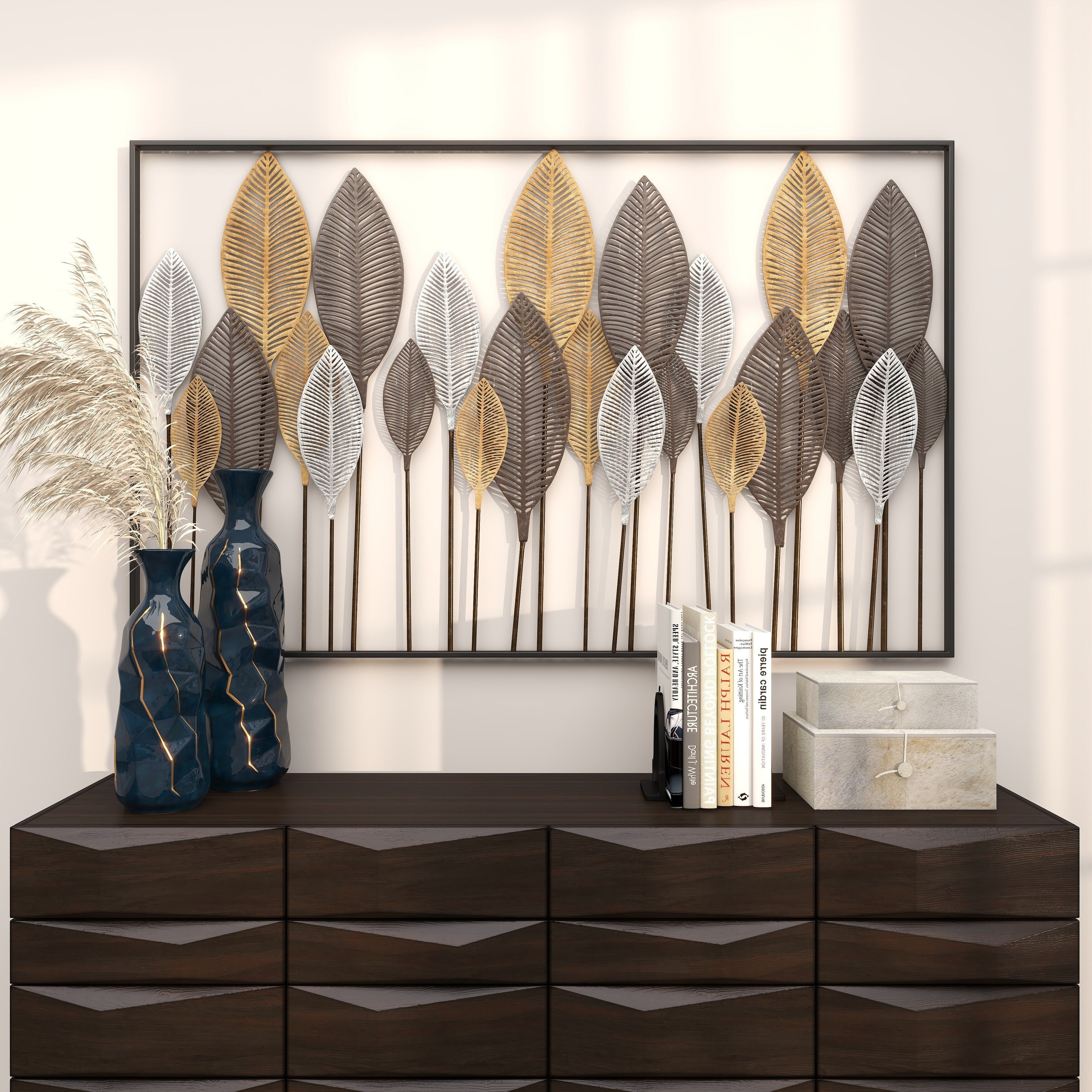 Metal Leaf Tall Cut-Out Home Wall Decor with Intricate Laser Cut Designs - Gray or Bronze - Roche River Decor