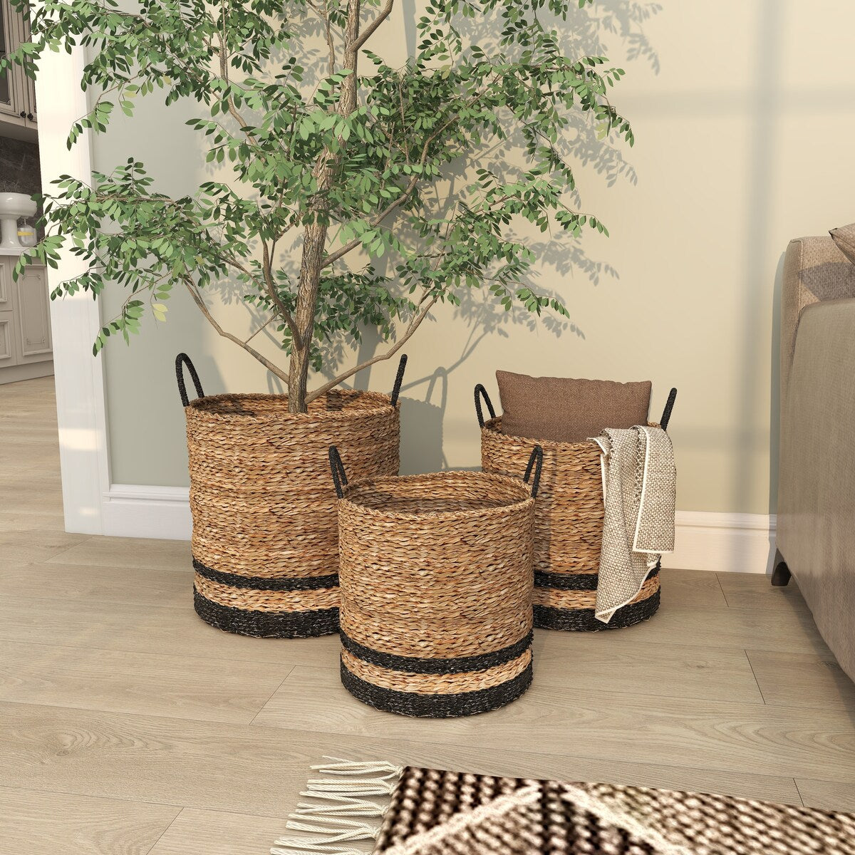 Seagrass Handmade Two-Toned Brown Decorative and Functional Storage Basket with Handles - Set of 3 Black - Roche River Decor