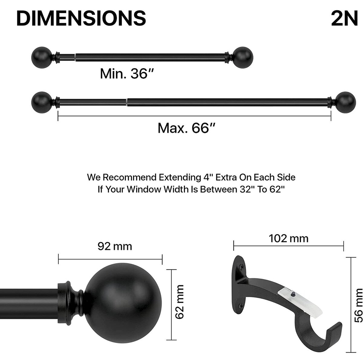 Deco window 1 Inch Adjustable Curtain Rod for Windows & Doors Curtains with Ball Finials & Brackets Set