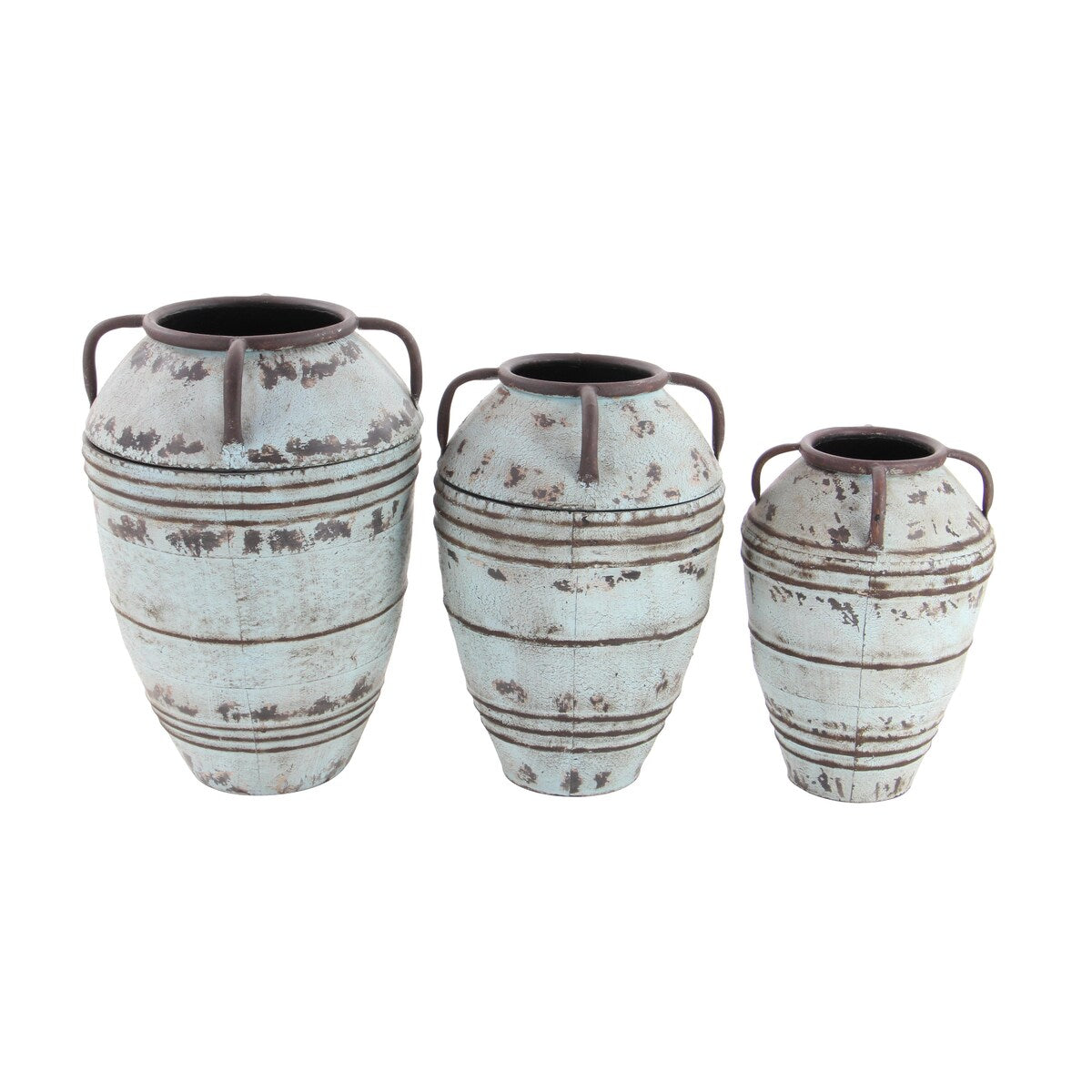 Metal Distressed Decorative Vase with Handles - Set of 3 Blue - Roche River Decor