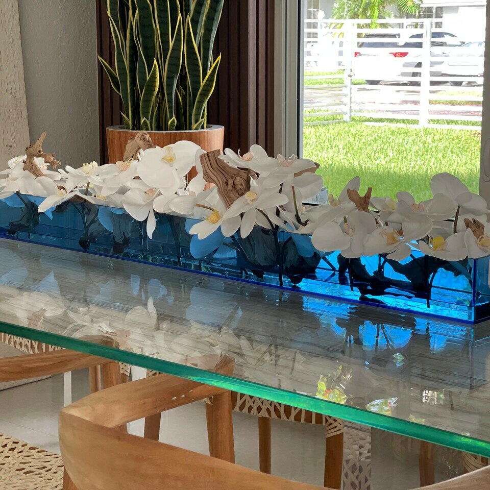 Blue Acrylic Casa Moderna Planter with White Orchids and Driftwood