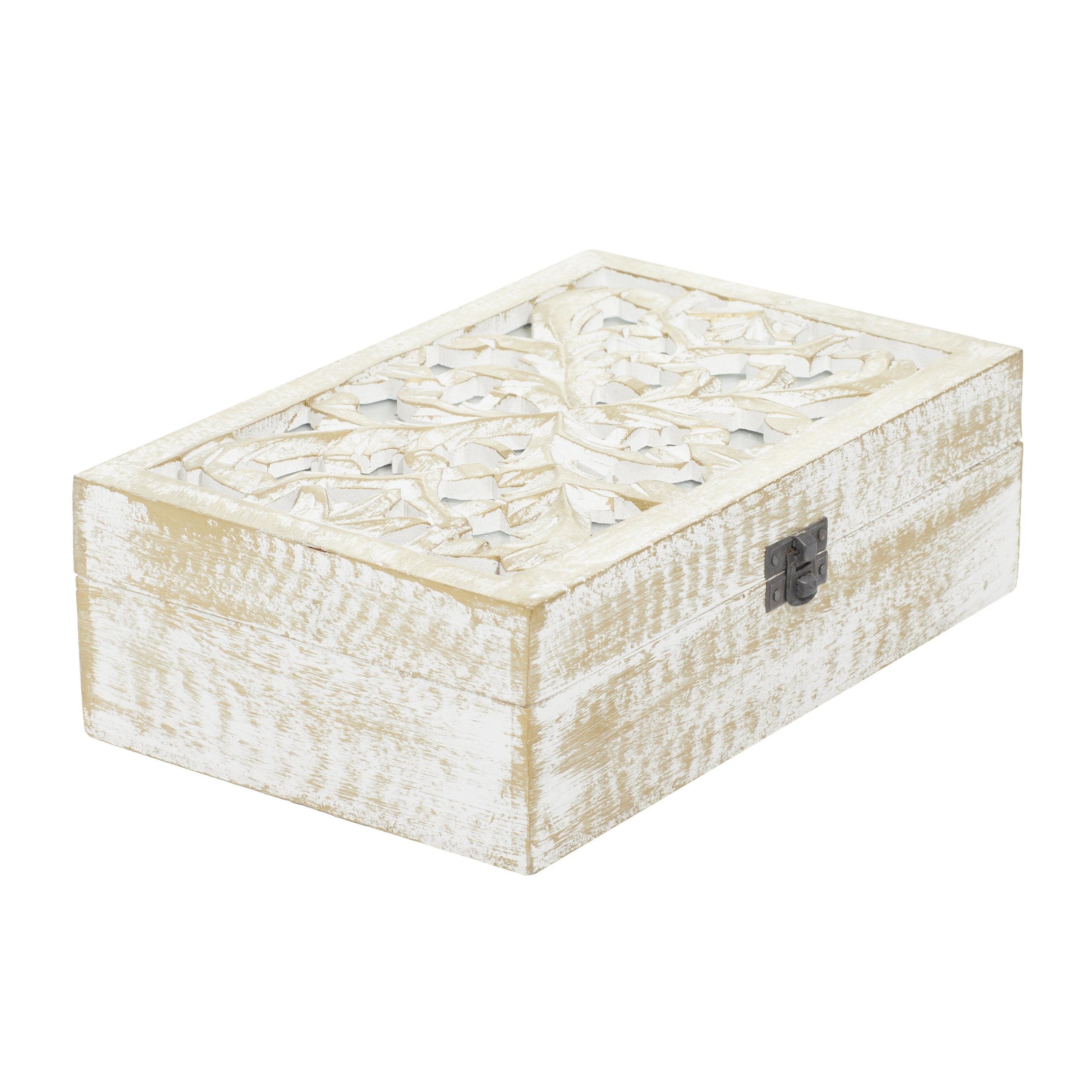 Mango Wood Floral Handmade Decorative Box with Hinged Lid - Set of 3 Brown or White - Roche River Decor