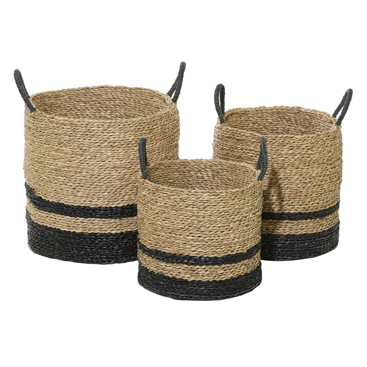 Seagrass Handmade Two-Toned Brown Decorative and Functional Storage Basket with Handles - Set of 3 Black - Roche River Decor